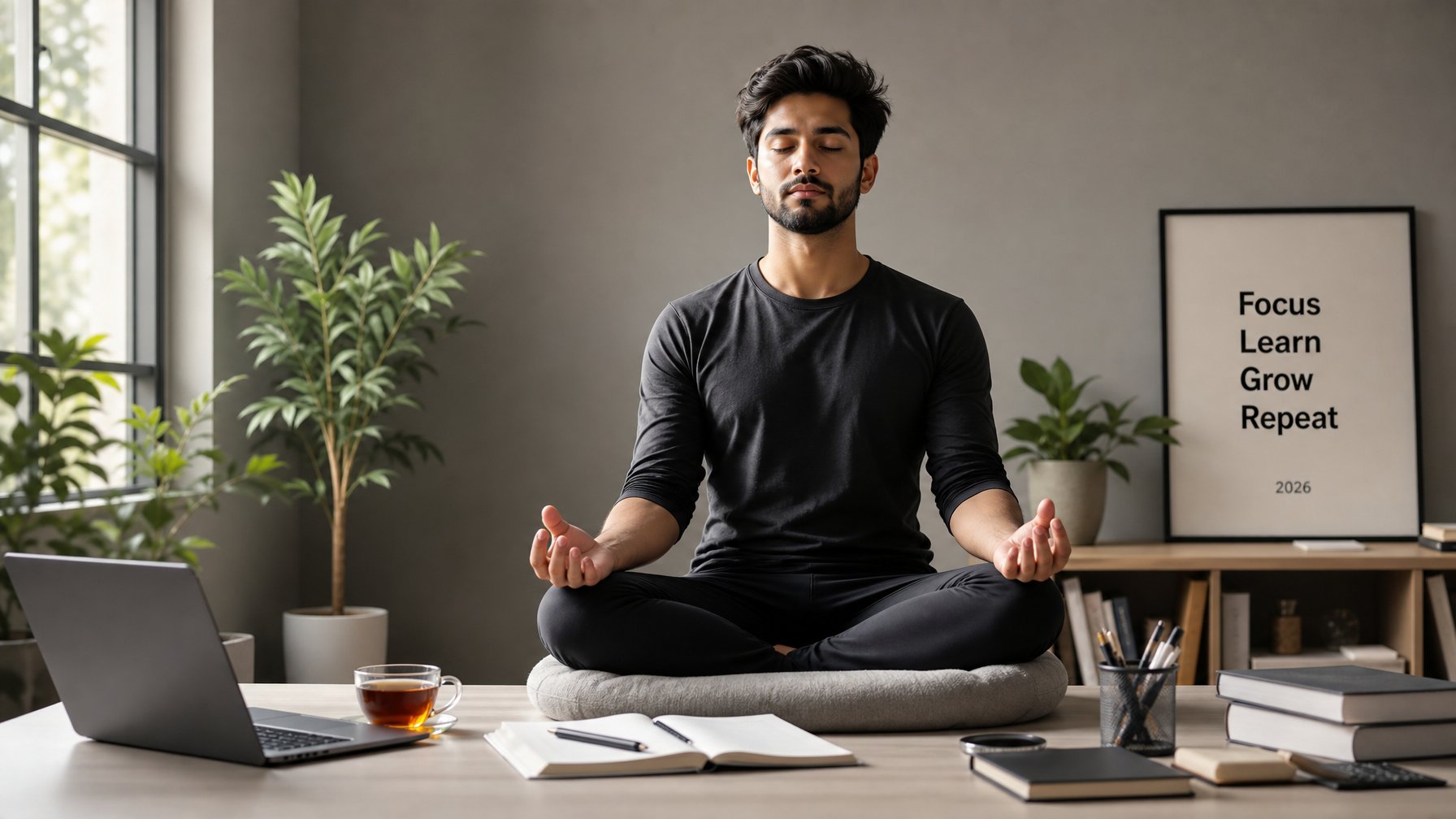 Seorang dewasa muda bermeditasi di ruang belajar minimalis dengan laptop dan tanaman di sekitar.