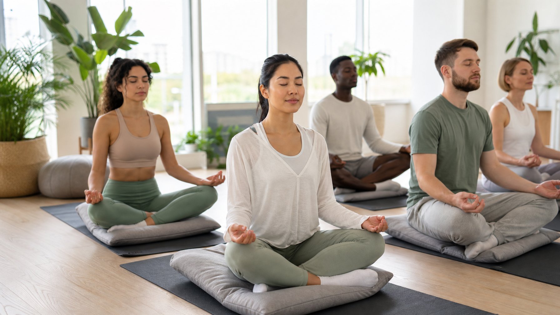 Beberapa orang duduk tenang di ruangan terang melakukan meditasi untuk mengelola pikiran negatif dan mengurangi kecemasan.