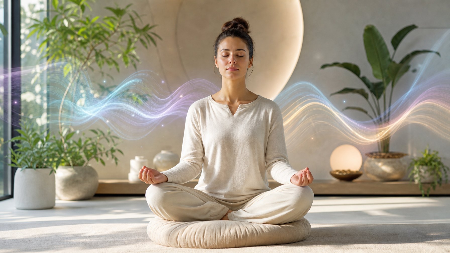 Seorang individu duduk bersila di ruangan terang dengan tanaman dan suasana tenang, menunjukkan meditasi dan relaksasi.