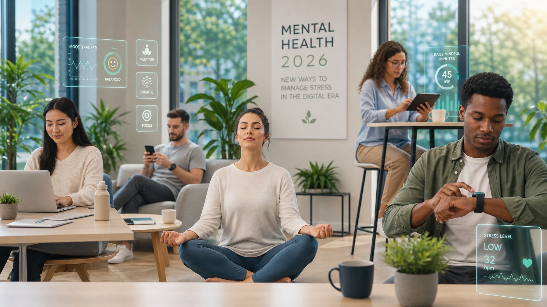 Sekelompok orang muda di ruang kerja modern menggunakan perangkat digital sambil melakukan meditasi dan mengelola stres dengan alat teknologi, dikelilingi tanaman hijau dan cahaya alami.