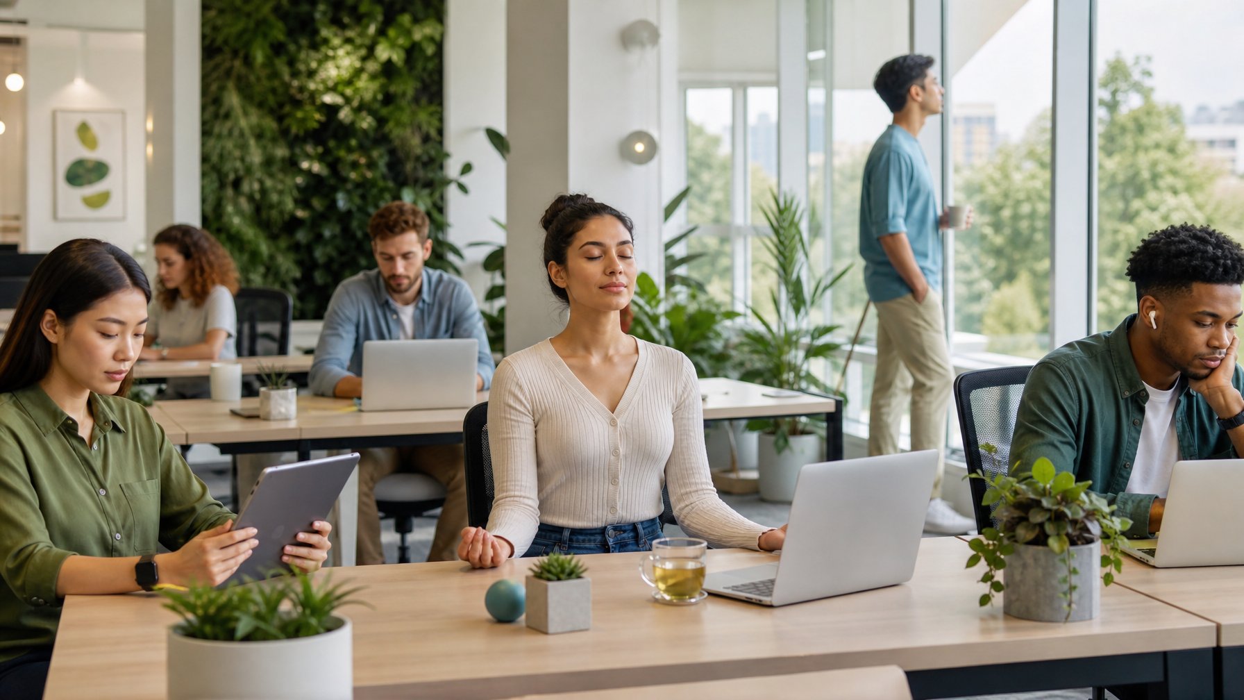 Sekelompok orang muda di ruang kantor modern menggunakan perangkat digital sambil melakukan aktivitas yang menenangkan untuk mengelola stres.
