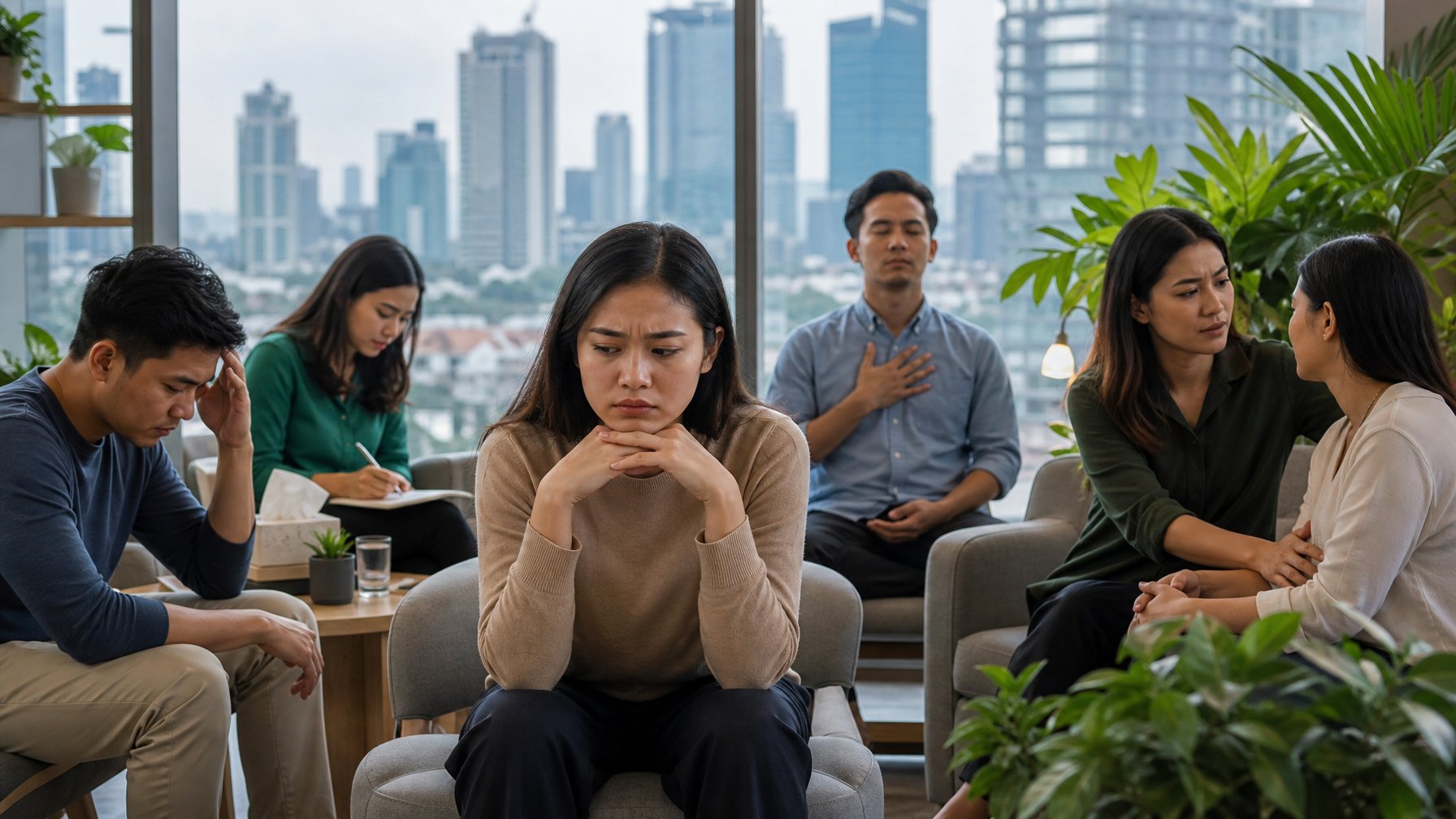 Sekelompok orang dewasa di lingkungan perkotaan yang menunjukkan ekspresi cemas dan sedang melakukan aktivitas pendukung kesehatan mental.