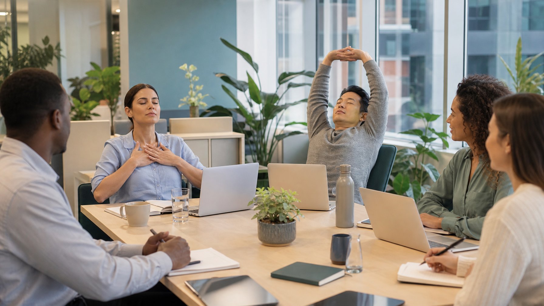Sekelompok karyawan sedang berdiskusi dan beristirahat di kantor yang terang dengan tanaman hijau, menunjukkan suasana kerja yang sehat dan mendukung kesehatan mental.
