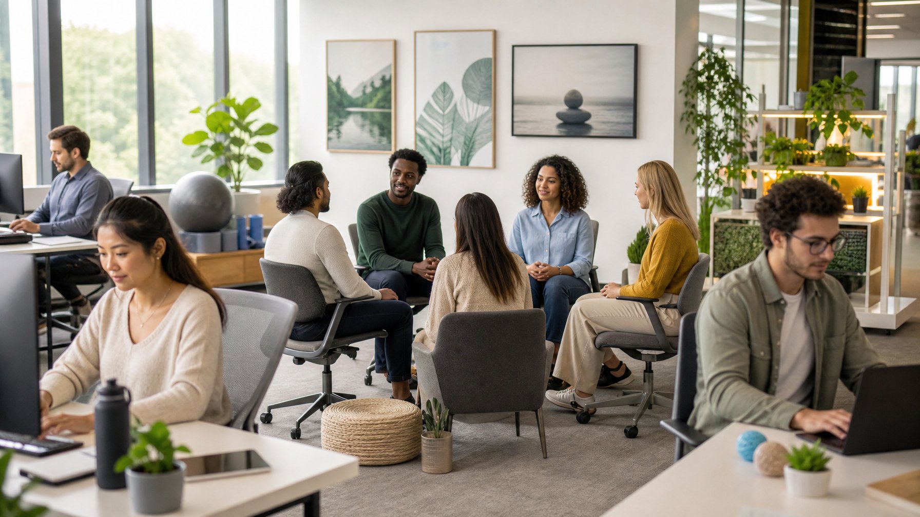 Beberapa karyawan beragam bekerja dan berdiskusi di kantor modern yang terang dengan suasana tenang dan saling mendukung.