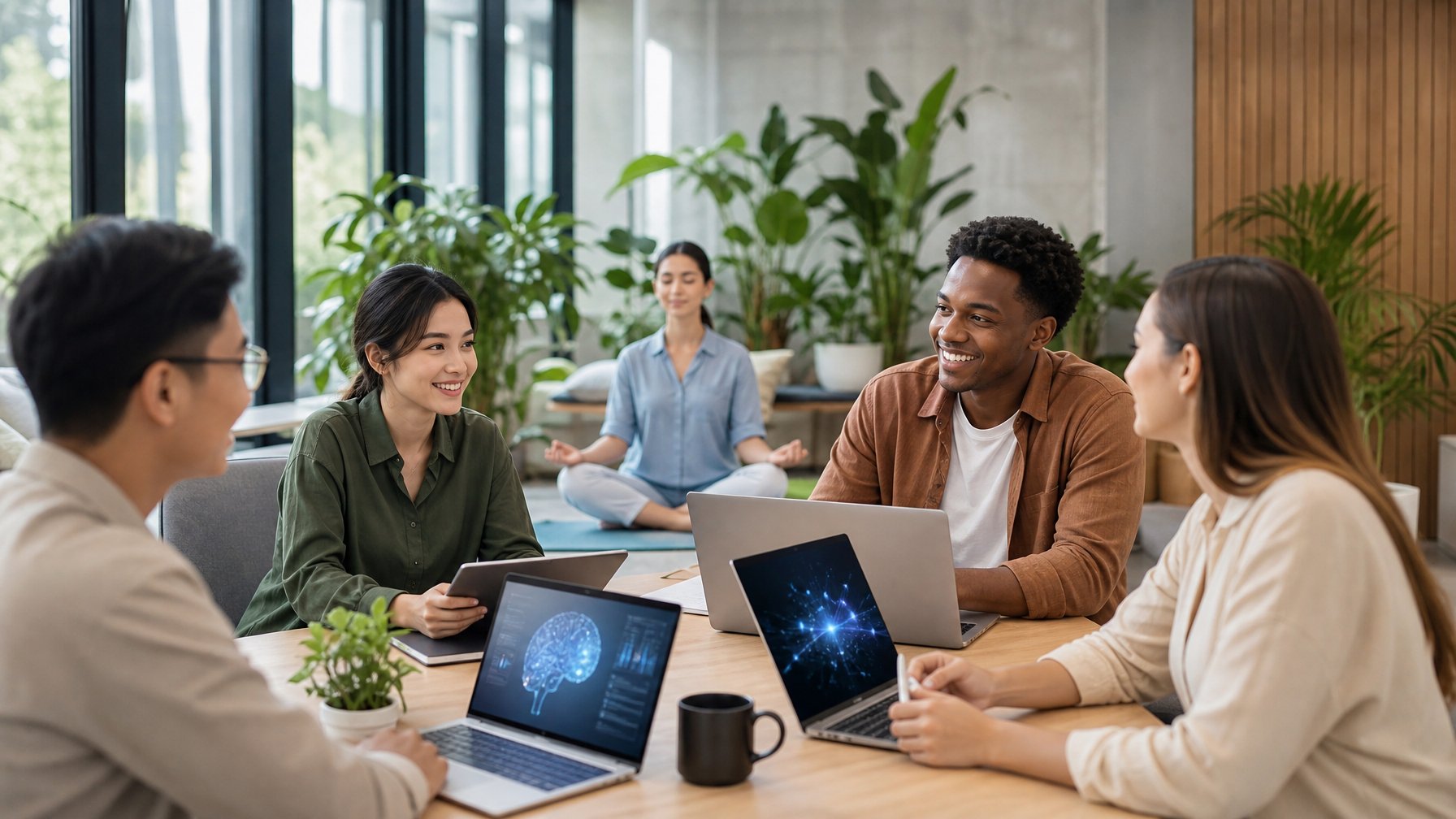 Sekelompok orang muda sedang berdiskusi dengan perangkat digital di ruang kantor yang terang dan nyaman, dengan satu orang bermeditasi di latar belakang.