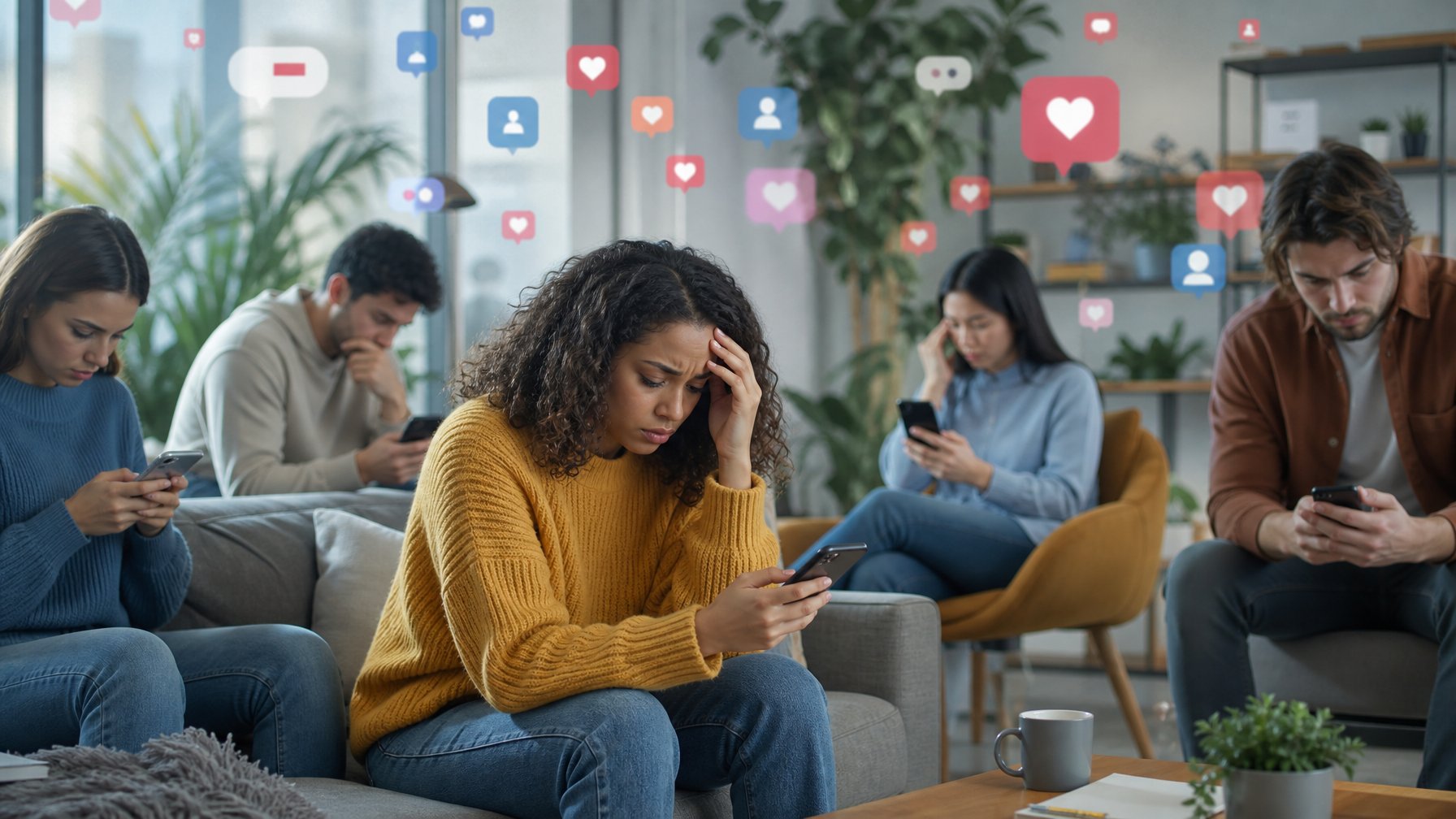 Beberapa orang muda duduk di ruangan modern sambil menggunakan ponsel, menunjukkan ekspresi cemas dan stres.