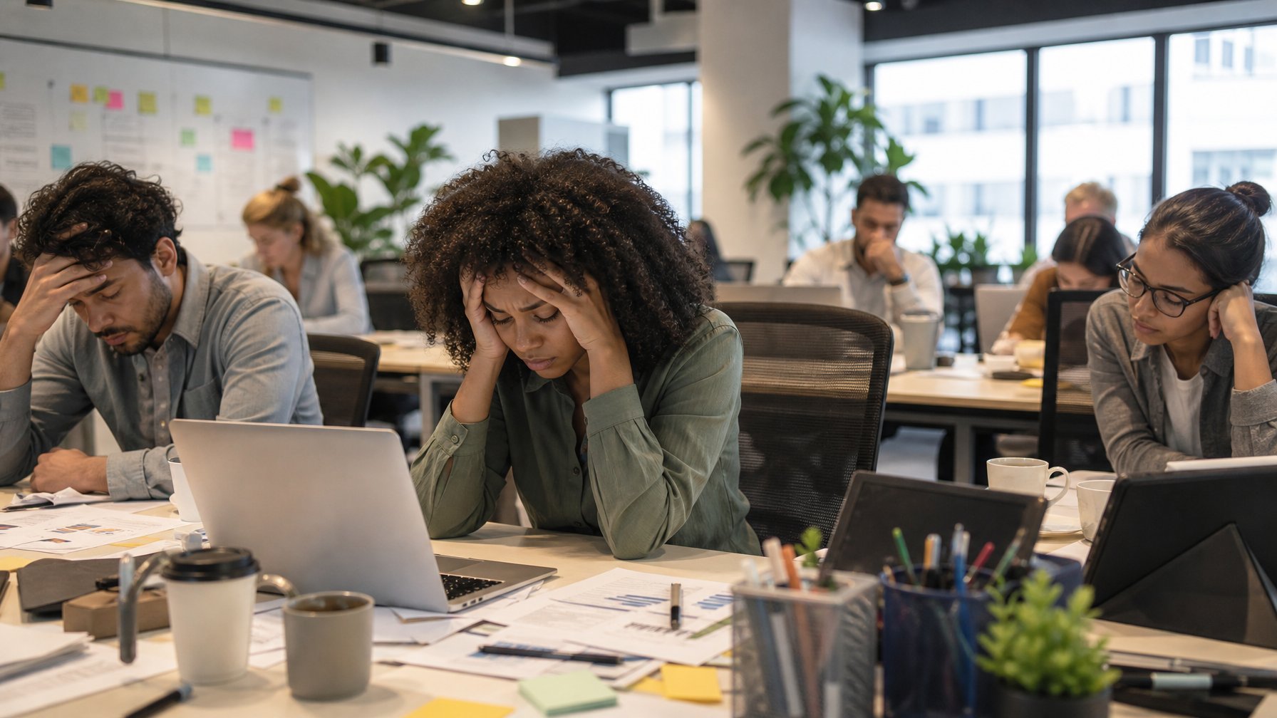 Sekelompok orang muda di kantor modern terlihat lelah dan stres, menunjukkan tanda-tanda kelelahan emosional.