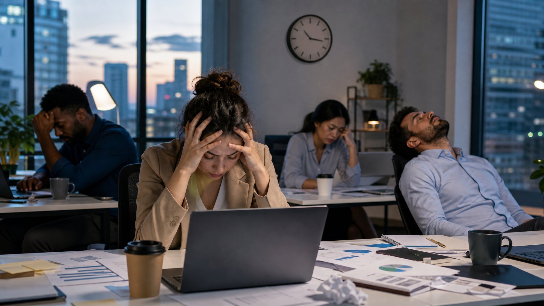 Sekelompok orang dewasa di kantor yang terlihat lelah dan stres, menunjukkan tanda-tanda kelelahan emosional.
