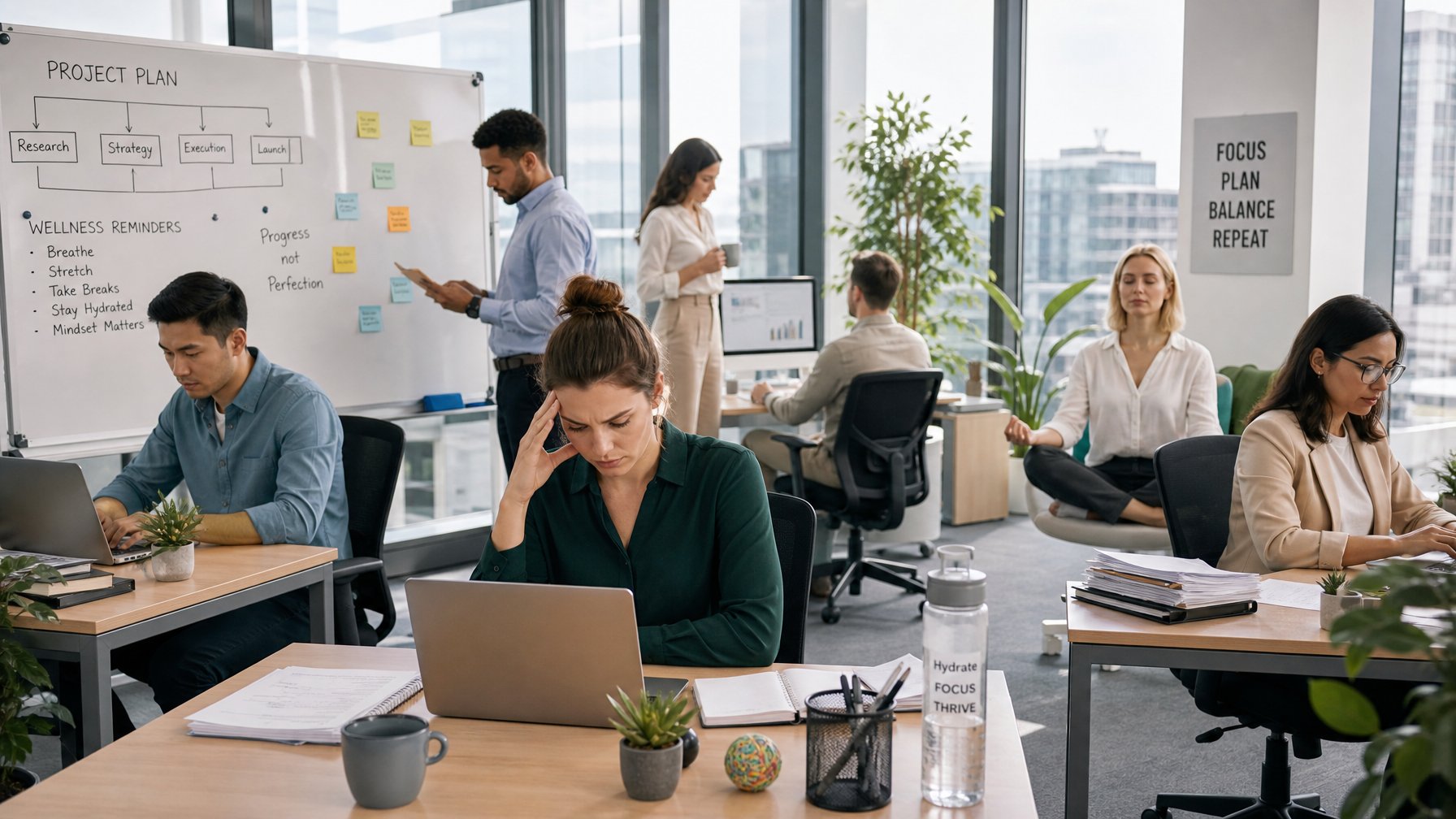 Sejumlah pekerja kantor di ruang kerja modern yang sibuk dengan beberapa orang terlihat fokus namun sedikit sibuk, antara tanaman dan cahaya alami.