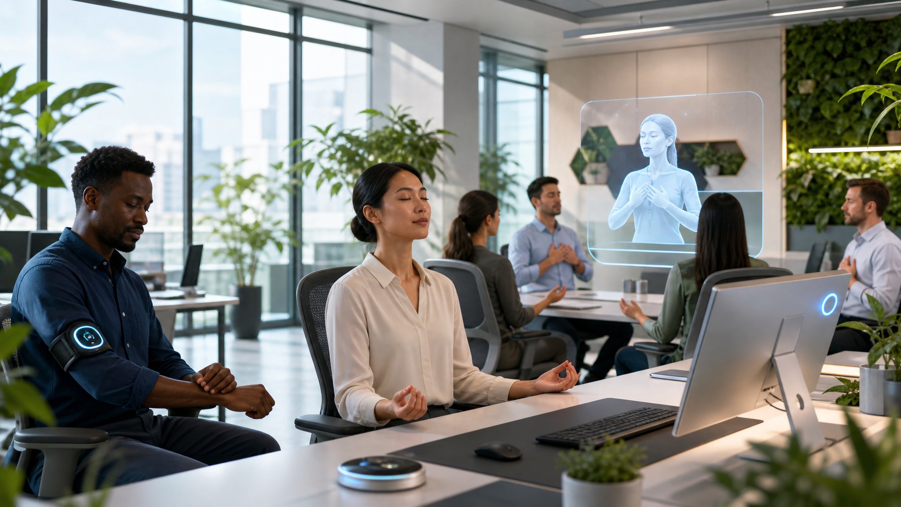 Sejumlah profesional di kantor modern sedang melakukan teknik mengelola stres seperti penghitungan, menggunakan perangkat wearable, dan latihan pernapasan bersama.