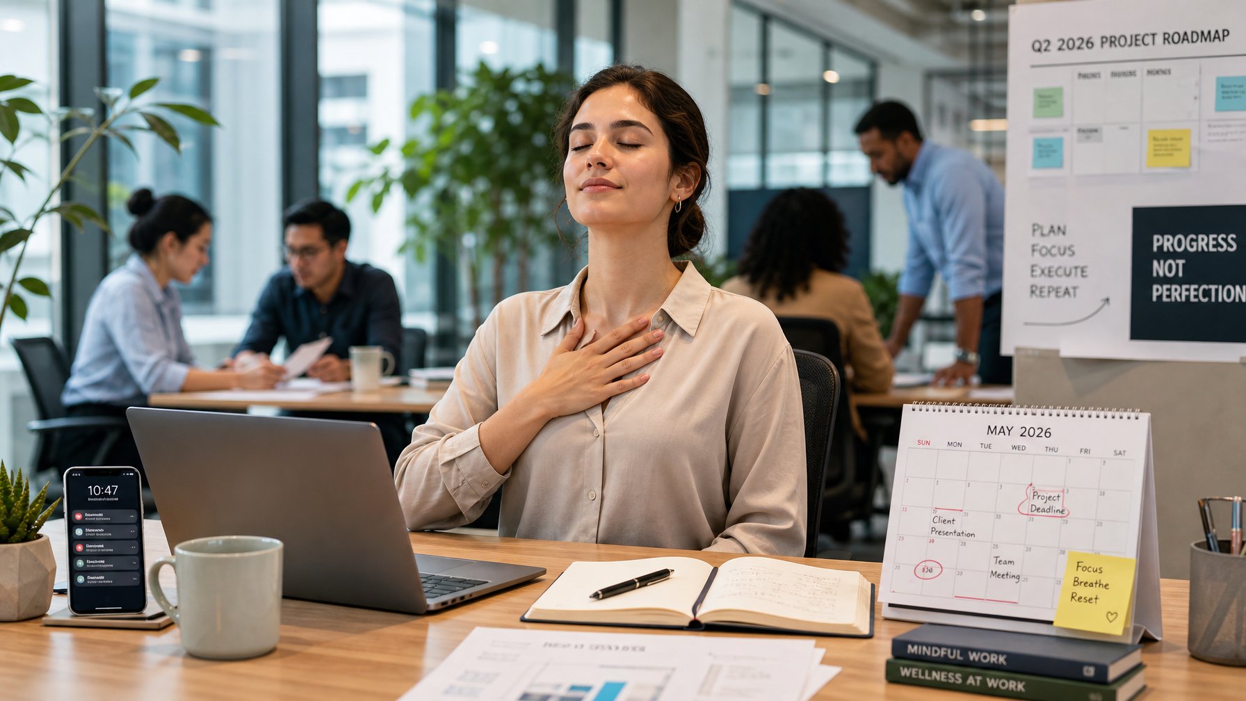 Seorang karyawan kantor sedang beristirahat sejenak di mejanya yang rapi di kantor modern dengan cahaya alami, menunjukkan ketenangan di tengah kesibukan kerja.