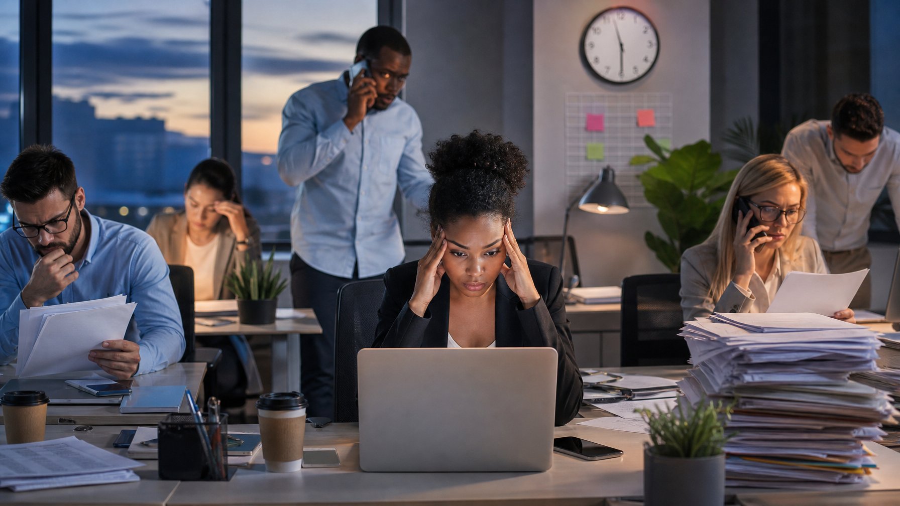 Sejumlah karyawan kantor sibuk yang terlihat stres dan fokus di ruang kerja modern dengan meja berantakan dan peralatan kantor.