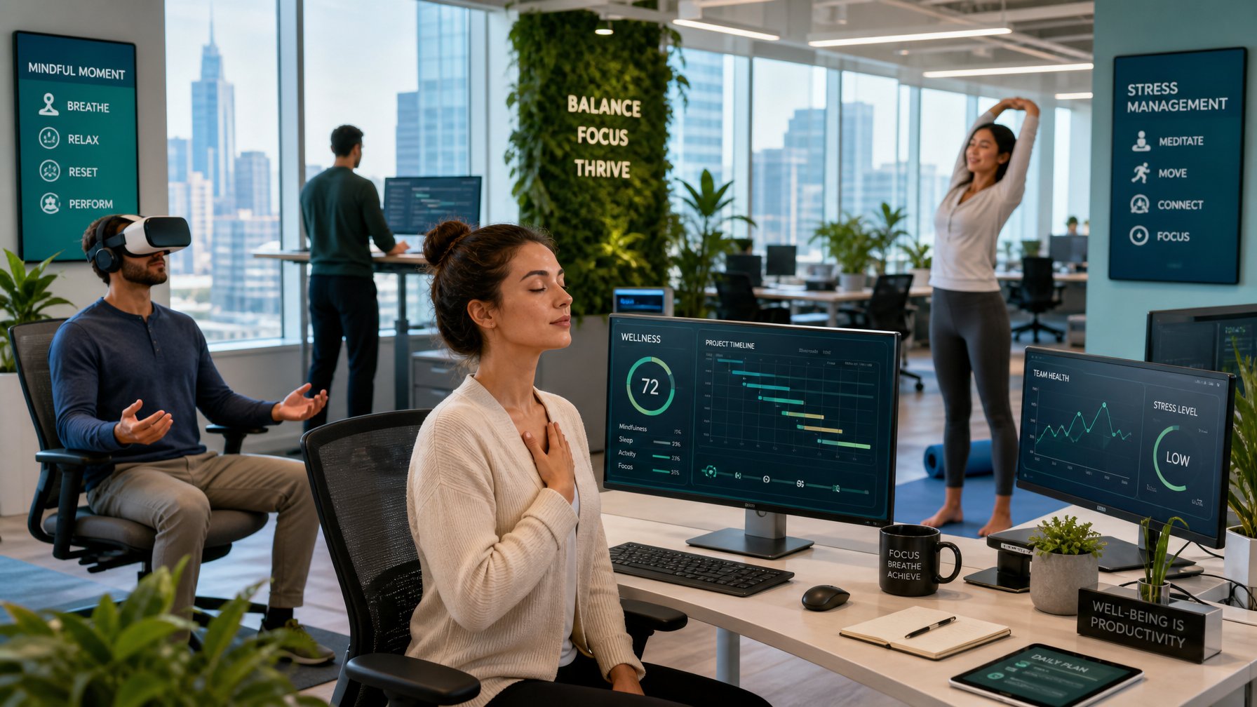 Sejumlah profesional di kantor modern melakukan teknik relaksasi dan manajemen stres dengan menggunakan pernapasan dalam, meditasi realitas virtual, dan peregangan yoga di lingkungan kerja digital.