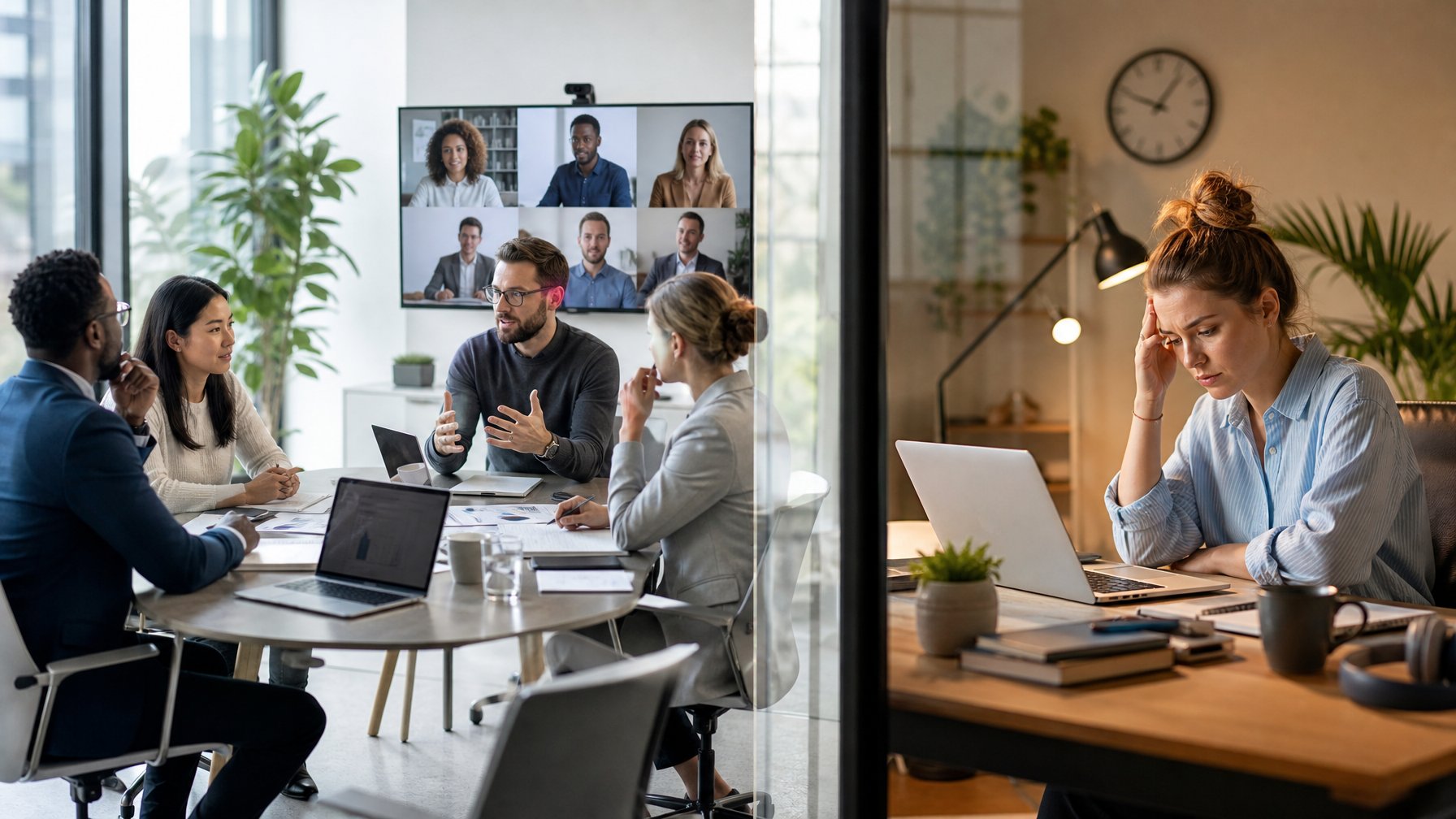 Sejumlah profesional bekerja bersama di kantor dan dari rumah, menunjukkan tantangan psikologis dalam pengaturan kerja hybrid.