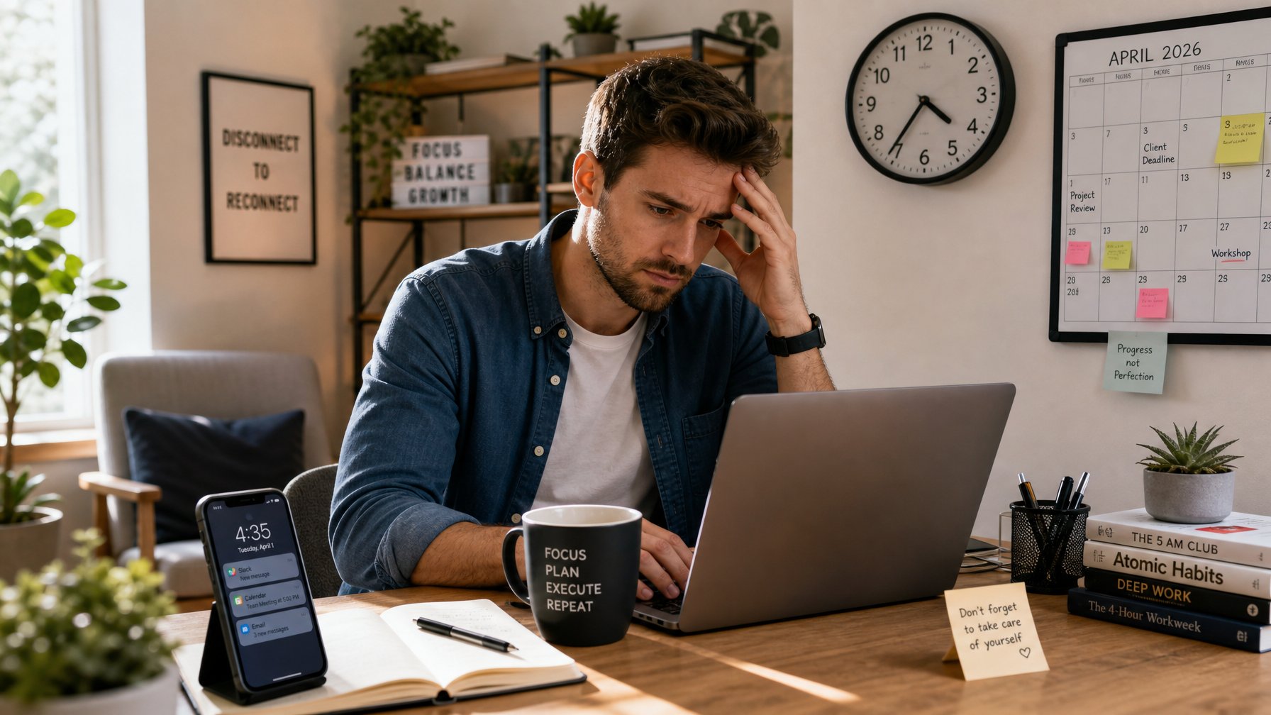 Seorang pekerja lepas atau pekerja jarak jauh duduk di meja kerja di rumah dengan laptop dan kopi, tampak fokus namun sedikit stres.