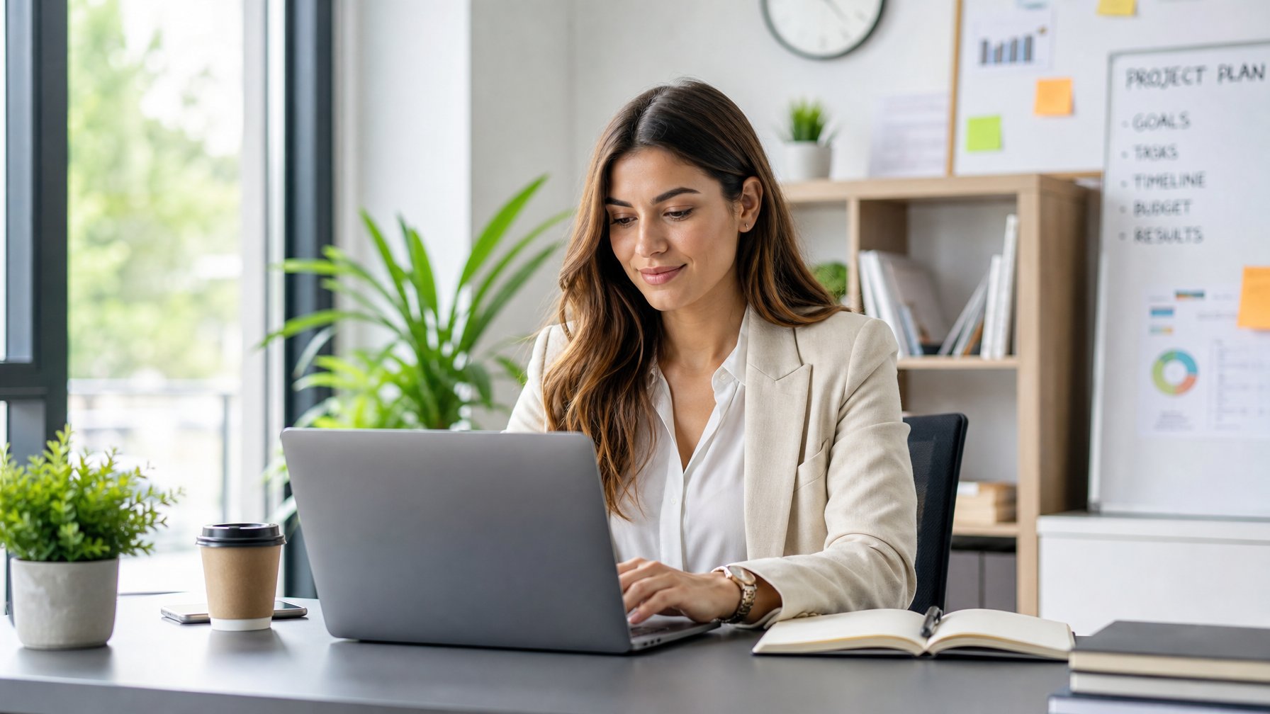 Seorang wanita profesional duduk di meja kantor modern dengan laptop dan catatan, terlihat tenang dan fokus bekerja.