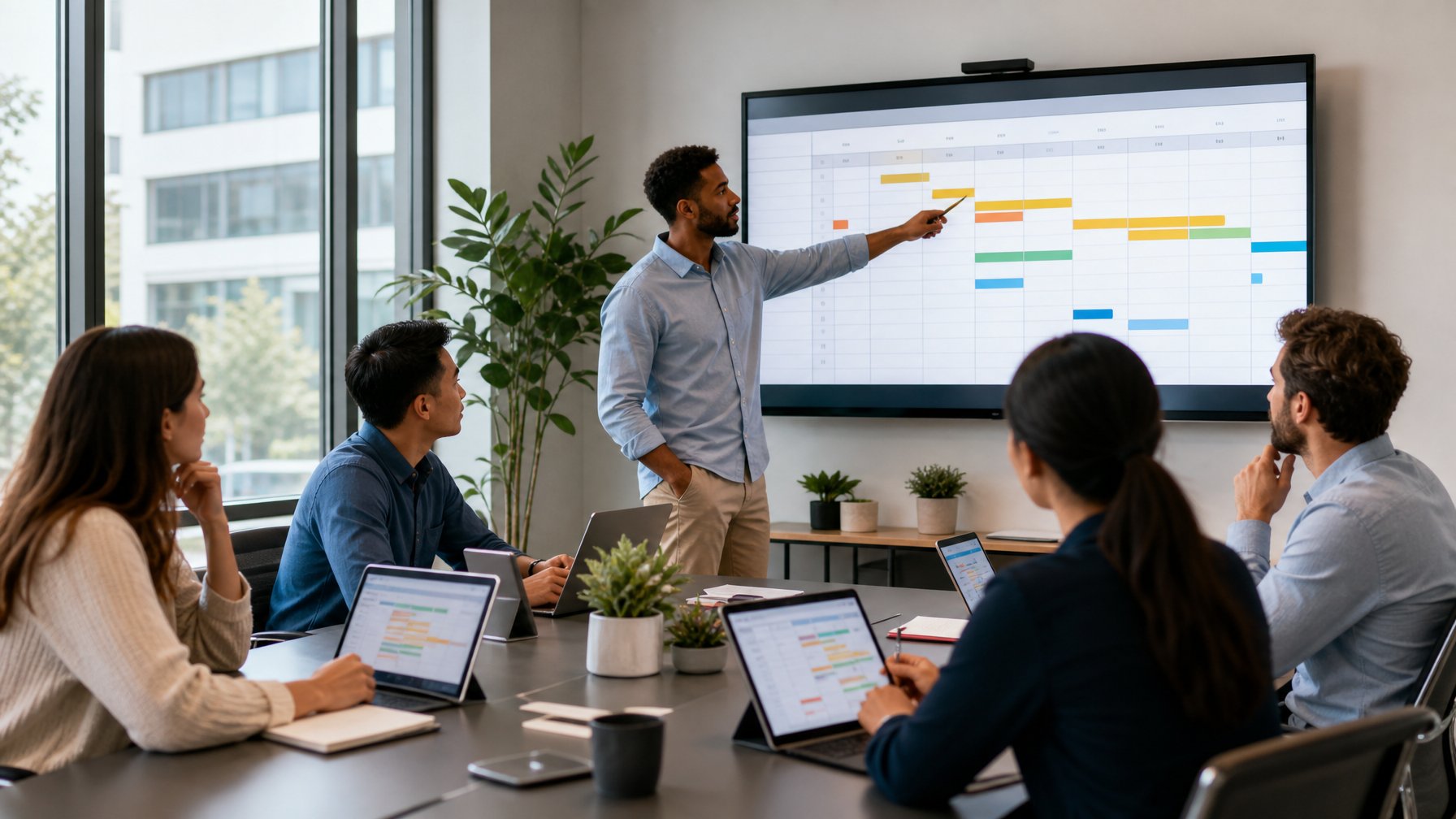 Sekelompok profesional sedang rapat di kantor modern, fokus pada manajemen waktu dan menentukan prioritas dengan perangkat digital dan kalender di layar.
