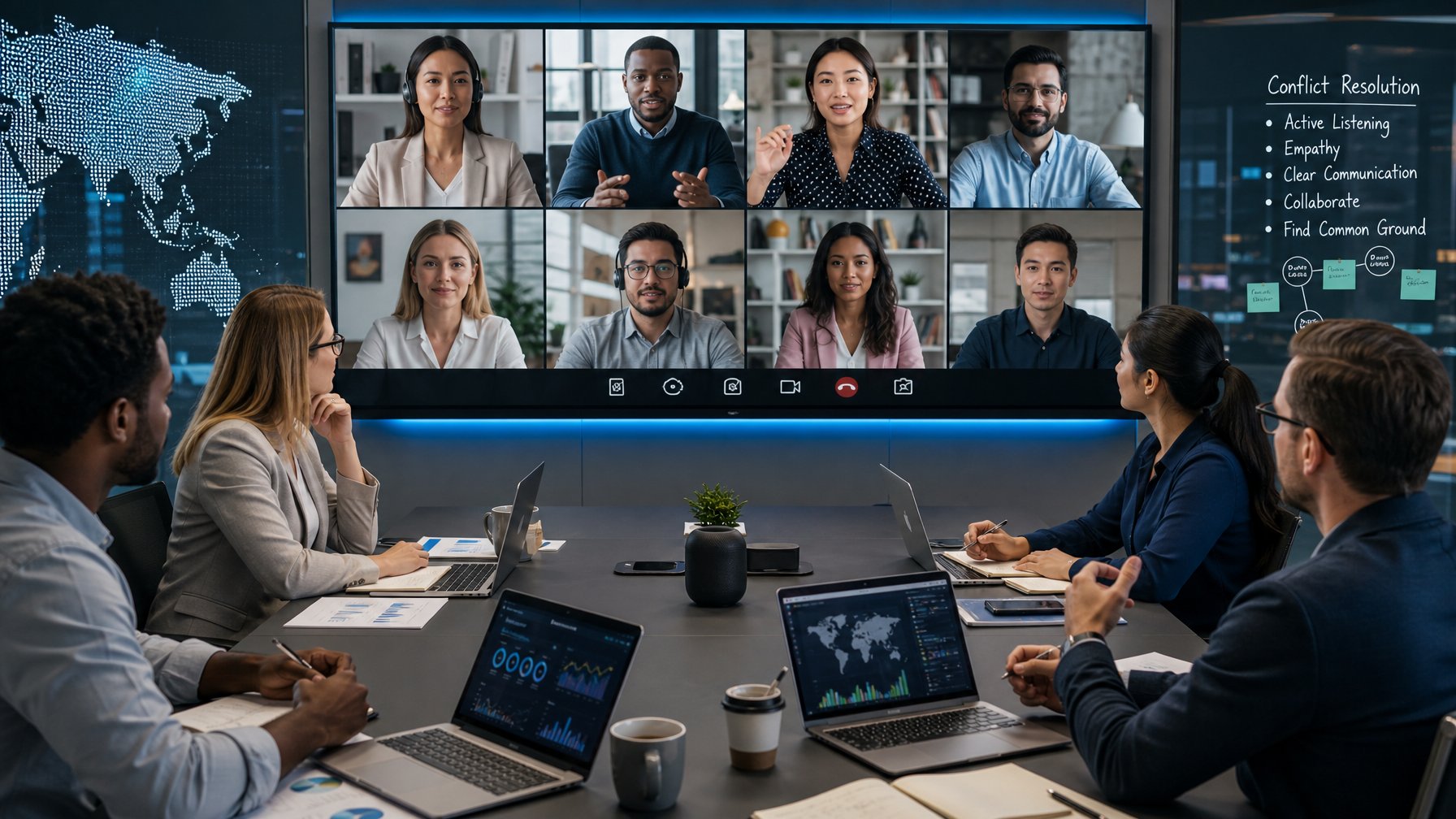 Tim kerja remote yang beragam sedang berdiskusi dalam pertemuan virtual untuk menyelesaikan konflik di perusahaan global.