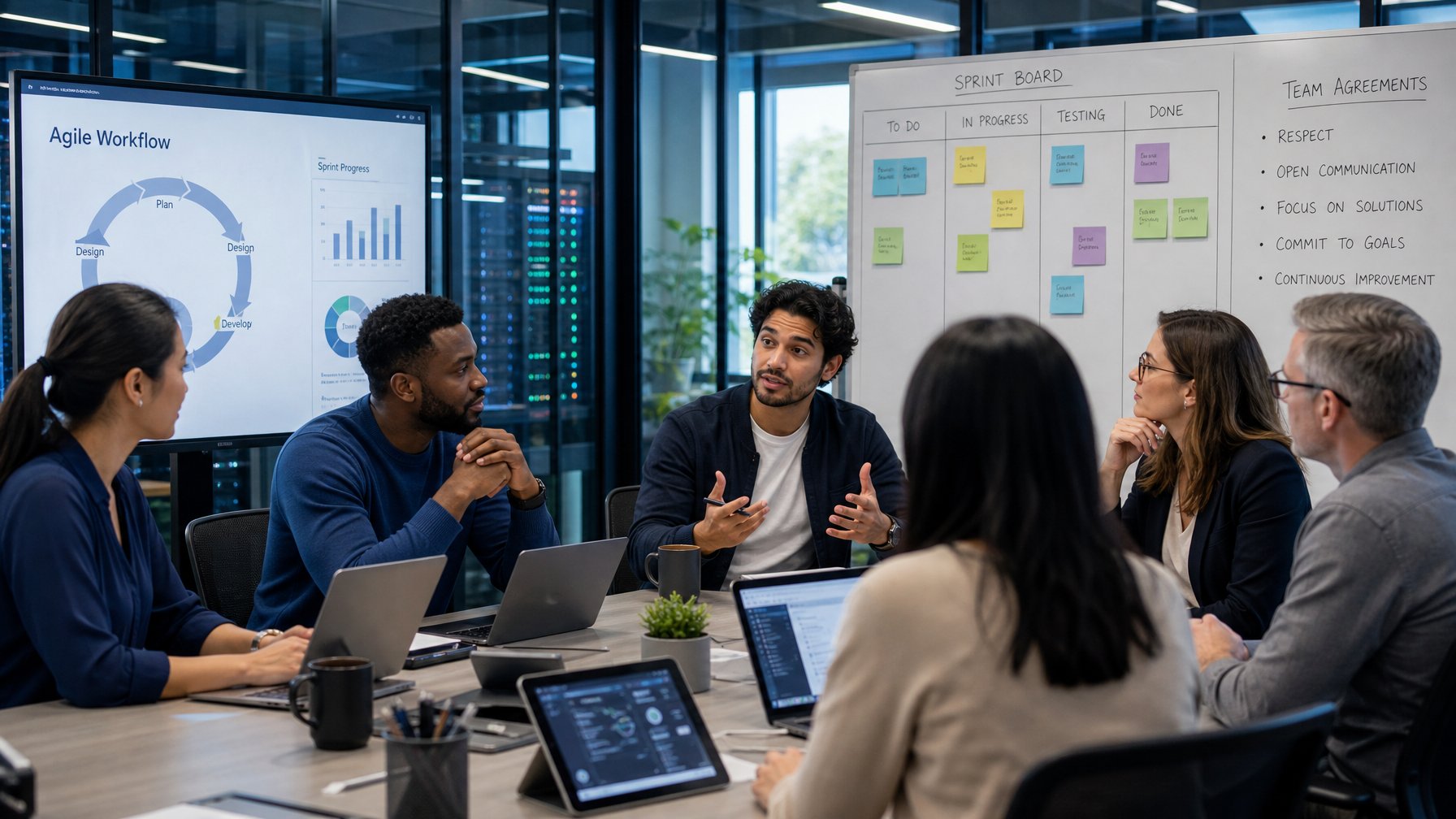 Sekelompok anggota tim Agile dan Scrum sedang berdiskusi dalam rapat penyelesaian konflik di kantor teknologi modern.
