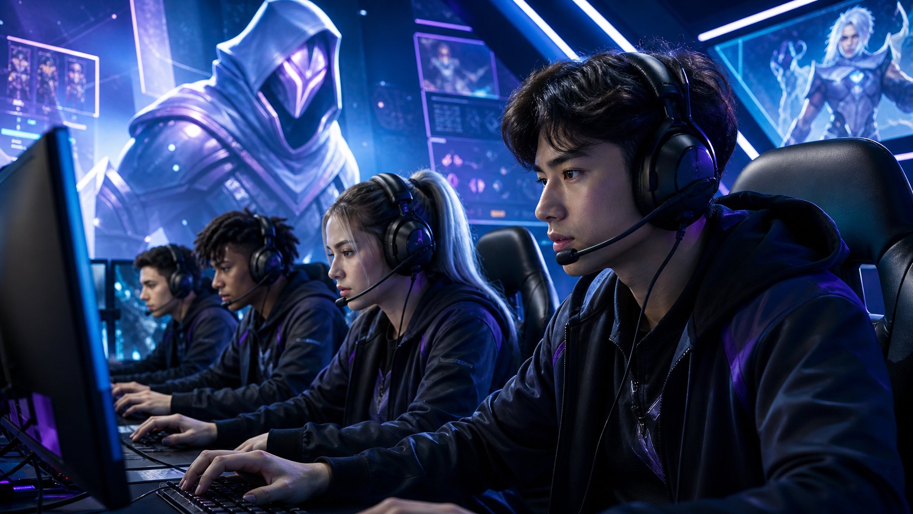 Sekelompok pemain esports muda yang fokus bermain game di depan komputer dengan latar belakang lampu neon dan tampilan holografik.