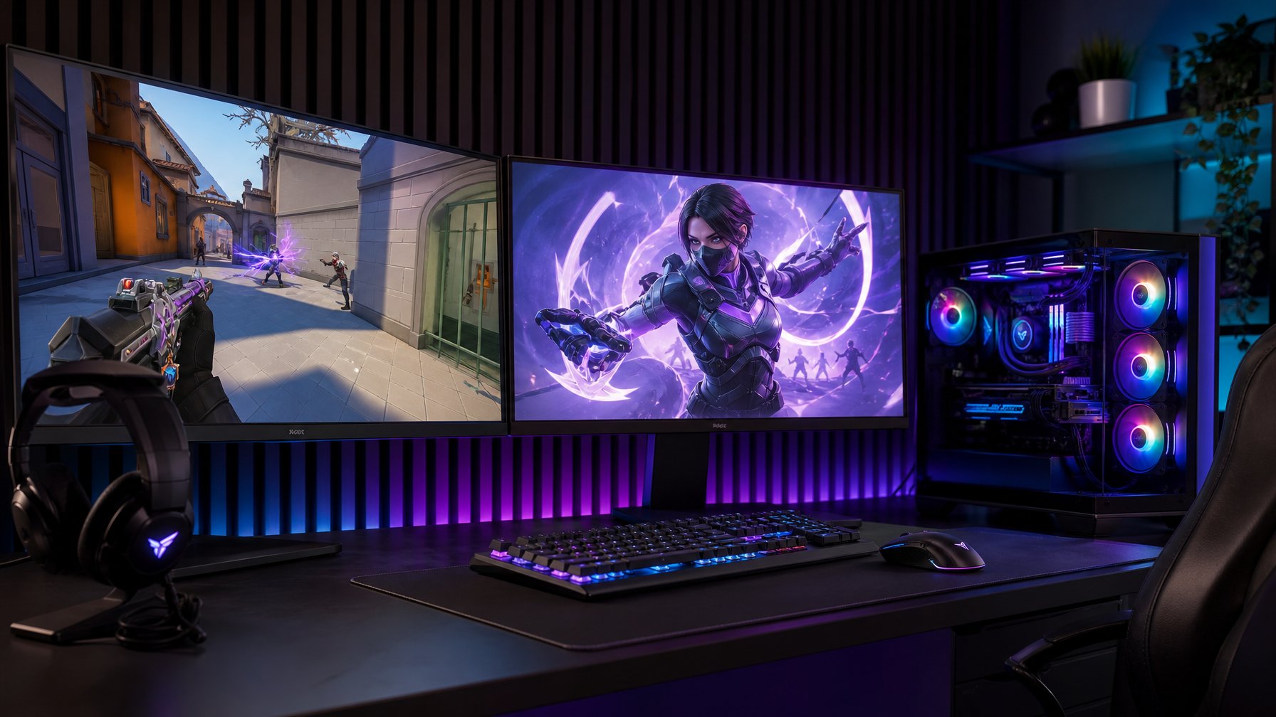 Seorang pemain sedang bermain game Valorant dengan setup komputer gaming modern dan dua monitor yang menampilkan karakter agen dalam aksi.