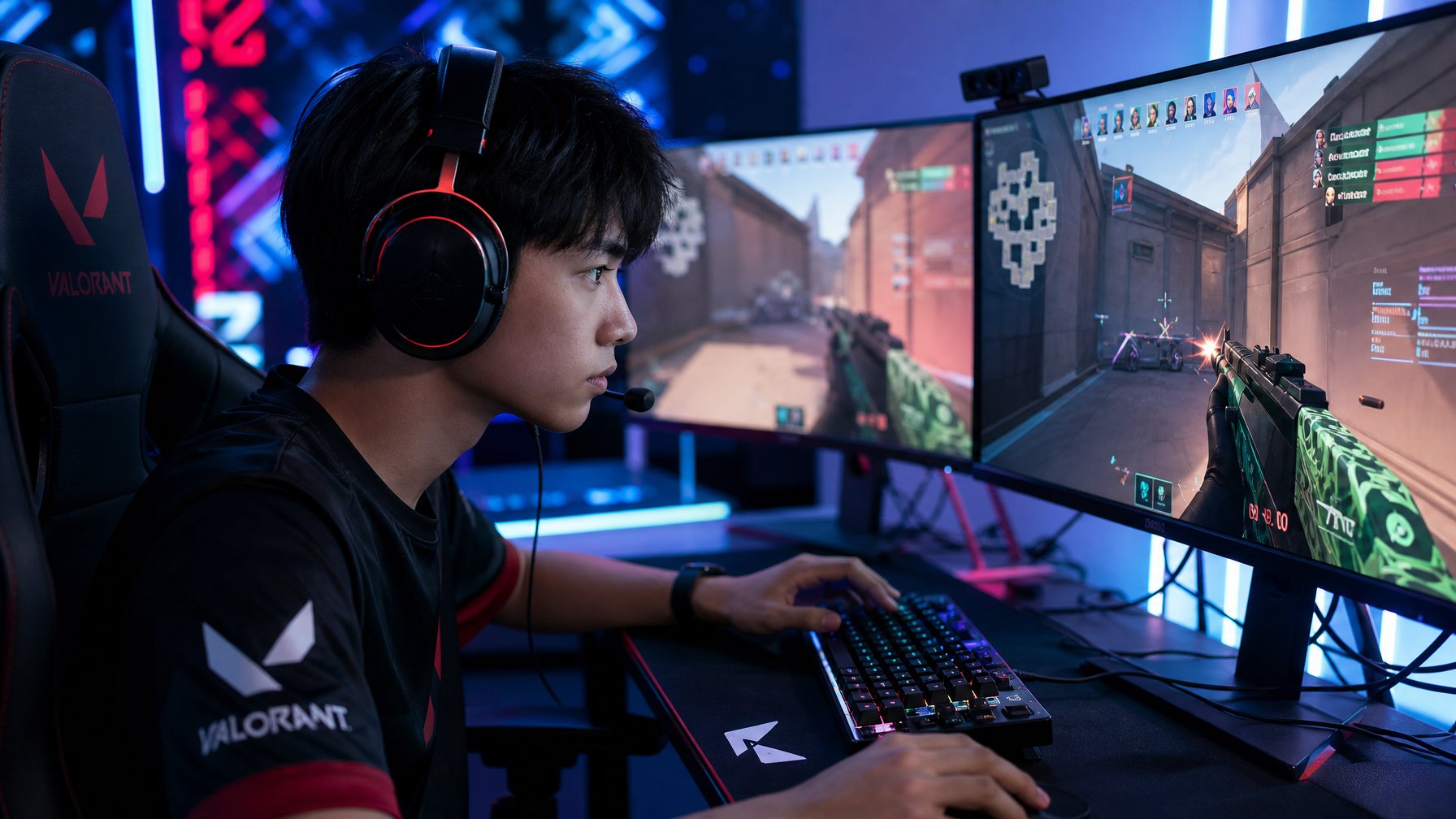 Seorang pemain esports muda yang fokus bermain Valorant dalam setup gaming modern dengan beberapa monitor dan headset.