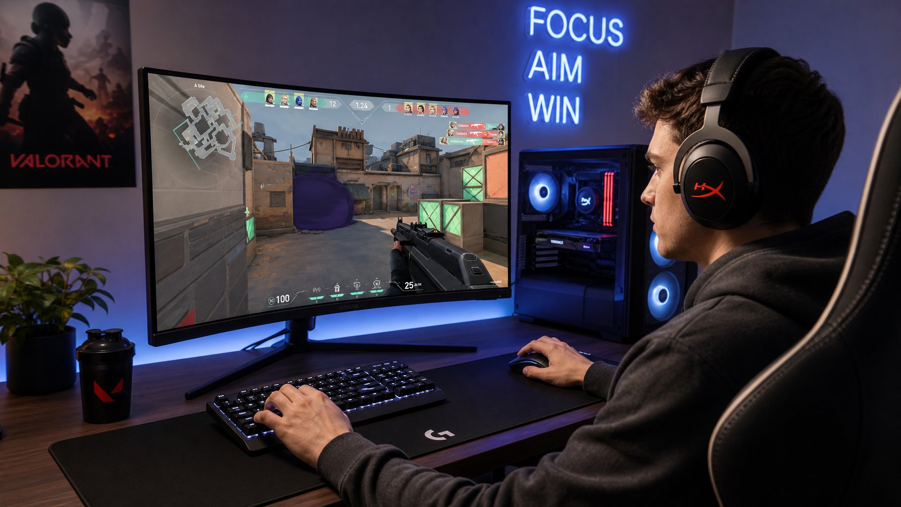 Seorang gamer muda duduk di depan komputer dengan layar menampilkan permainan tembak-menembak, fokus menggunakan mouse dan keyboard di ruang dengan pencahayaan ambient.