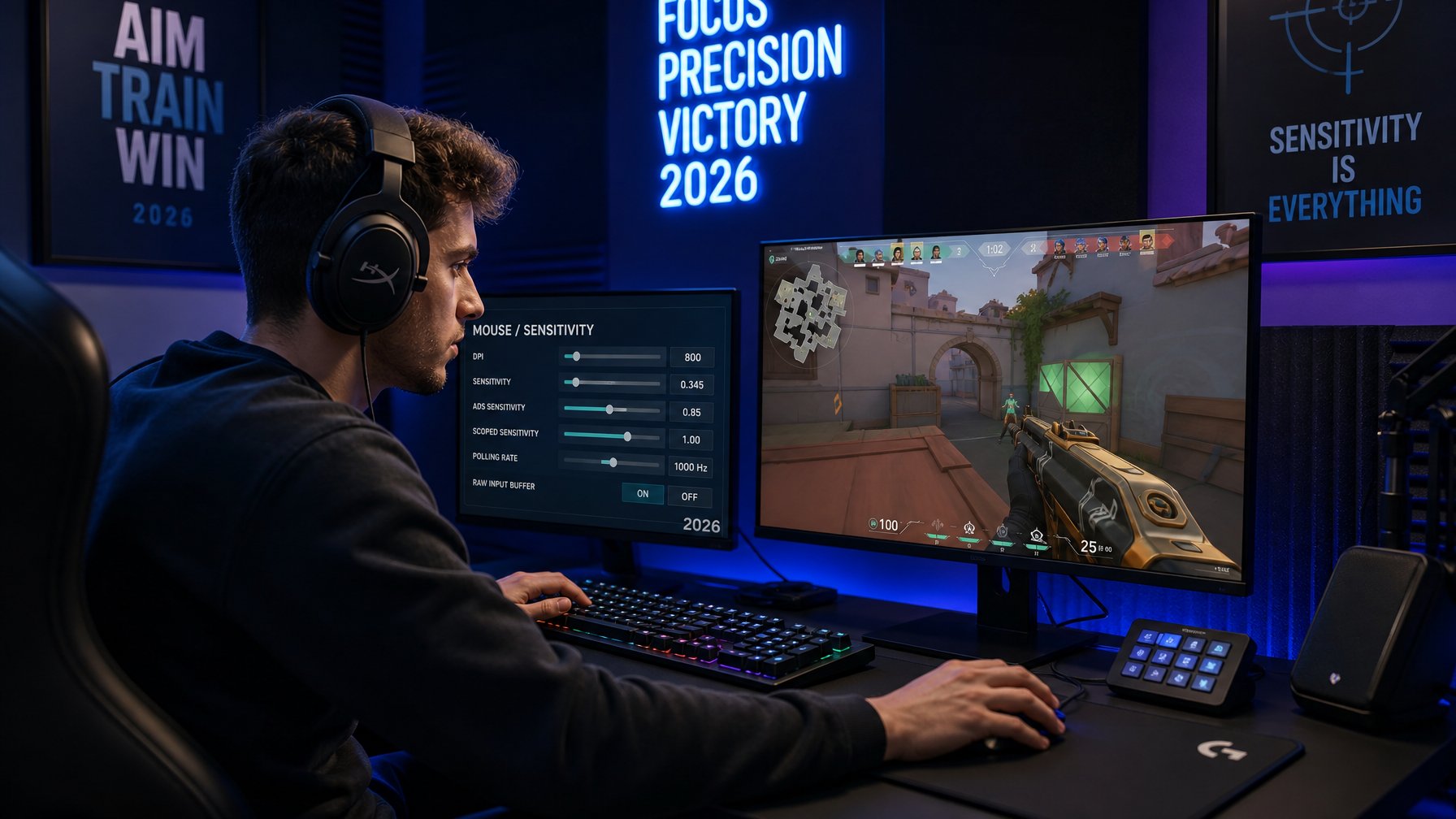 Seorang gamer muda sedang serius bermain game tembak-menembak di depan komputer dengan perlengkapan gaming di ruangan yang gelap dan berlampu RGB.