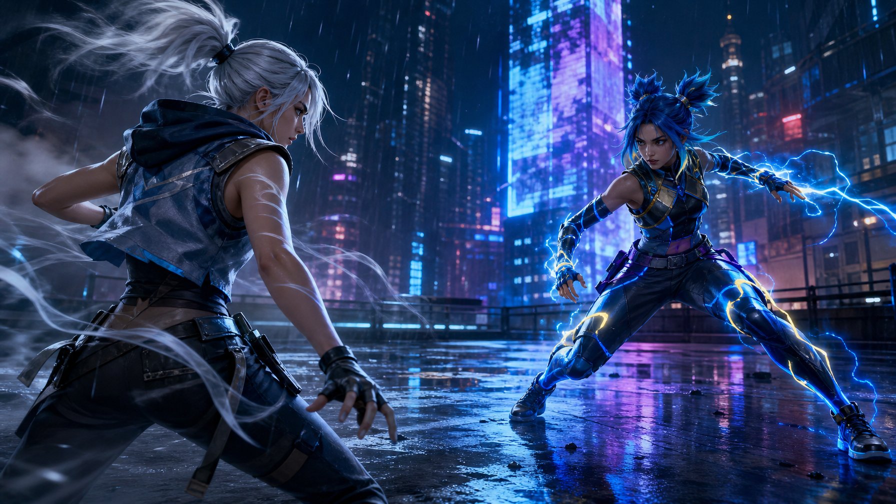 Dua wanita karakter beraksi saling berhadapan di kota futuristik dengan lampu neon dan suasana cyberpunk.