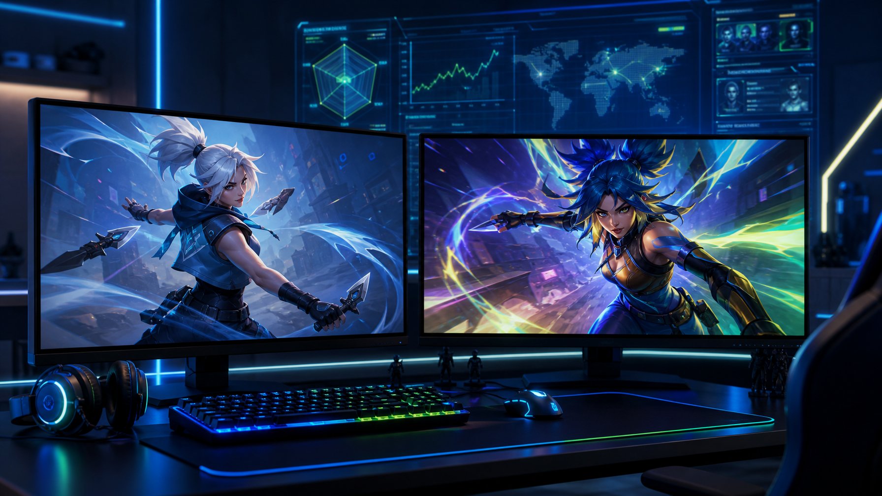 Dua monitor gaming menampilkan karakter agen Valorant Jett dan Neon dalam pose aksi, di sebuah ruangan gaming modern dengan pencahayaan biru dan hijau neon.