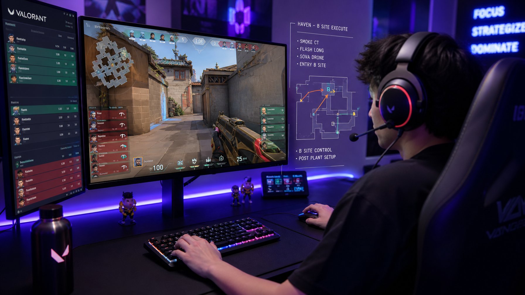 Seorang pemain esports fokus bermain Valorant di depan komputer dengan beberapa monitor dalam suasana kompetitif.