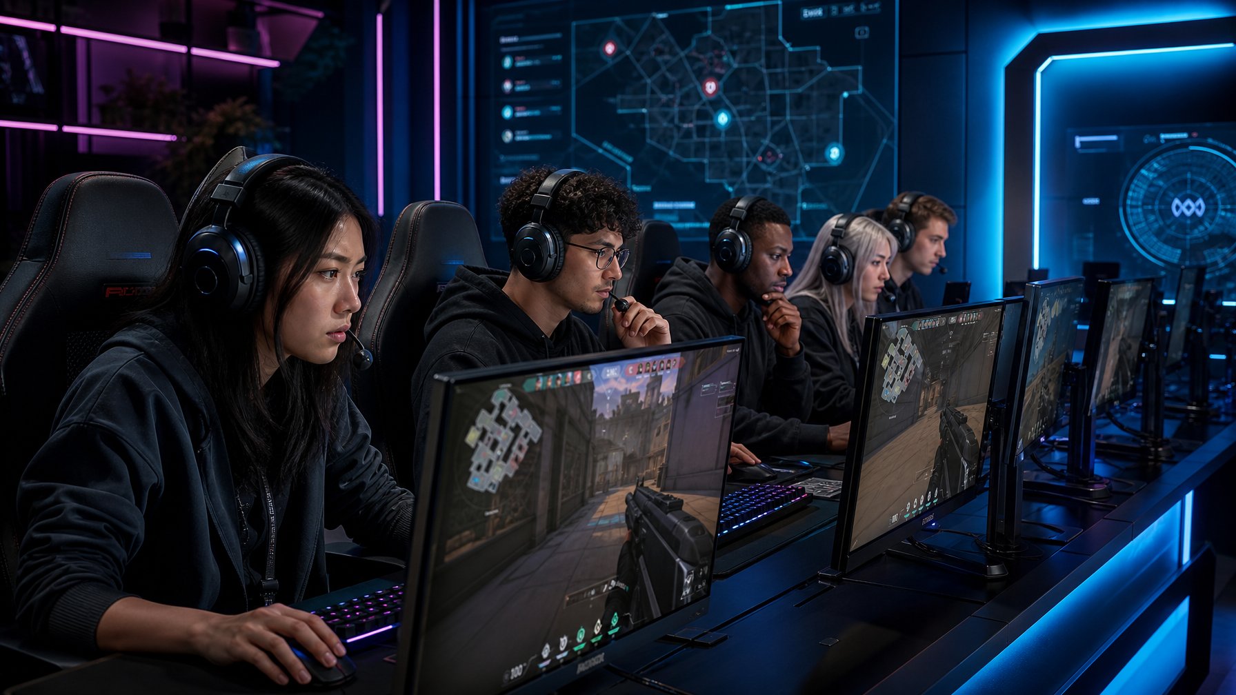 Tim pemain Valorant sedang bermain bersama di ruangan gaming dengan peralatan modern, fokus pada layar komputer mereka.
