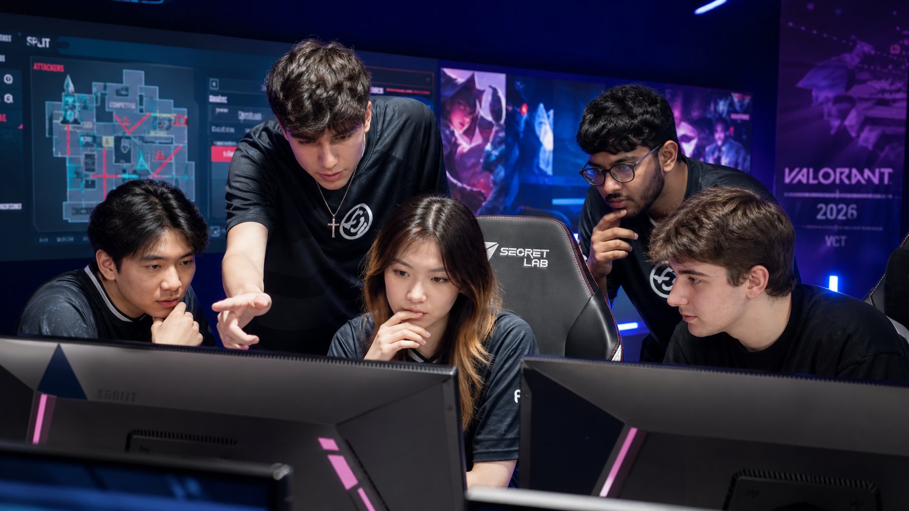Lima pemain esports sedang berkumpul dan berdiskusi di depan layar komputer dengan tampilan permainan Valorant.