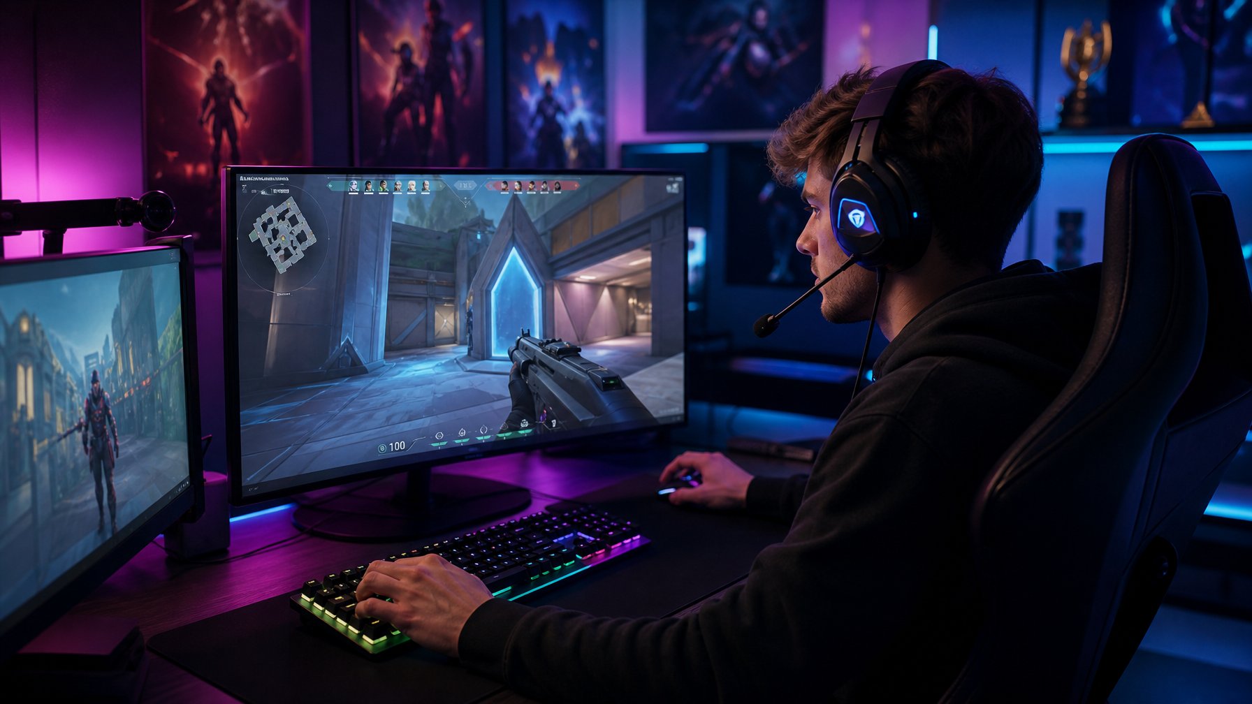 Seorang pemain muda yang fokus sedang bermain game tembak-menembak di depan komputer dengan beberapa monitor di ruangan yang gelap dengan lampu warna-warni.