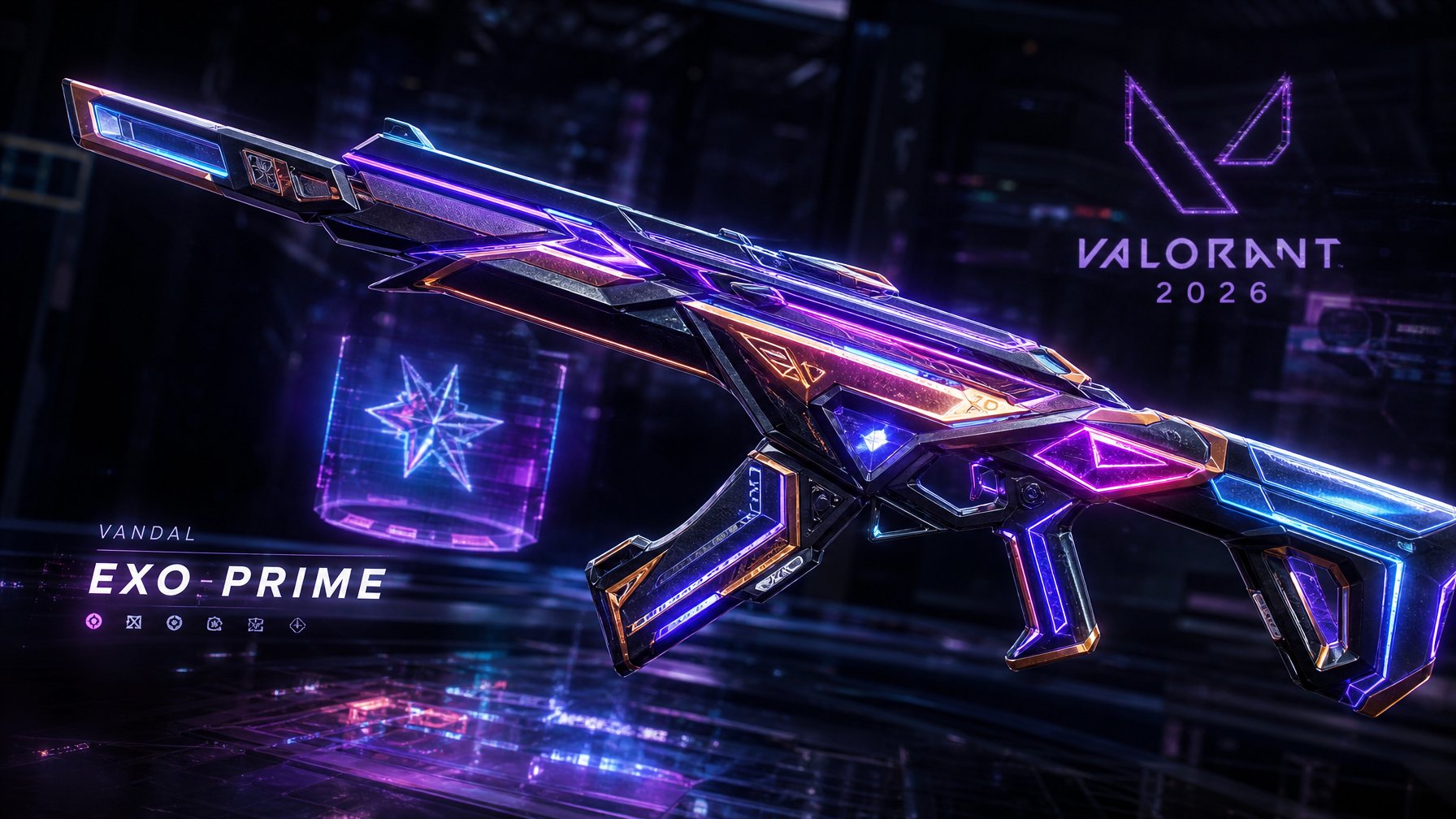 Senjata Valorant futuristik dengan desain warna neon cerah dan pola geometris yang rumit, dipajang dengan latar belakang gelap dan efek cahaya holografik.