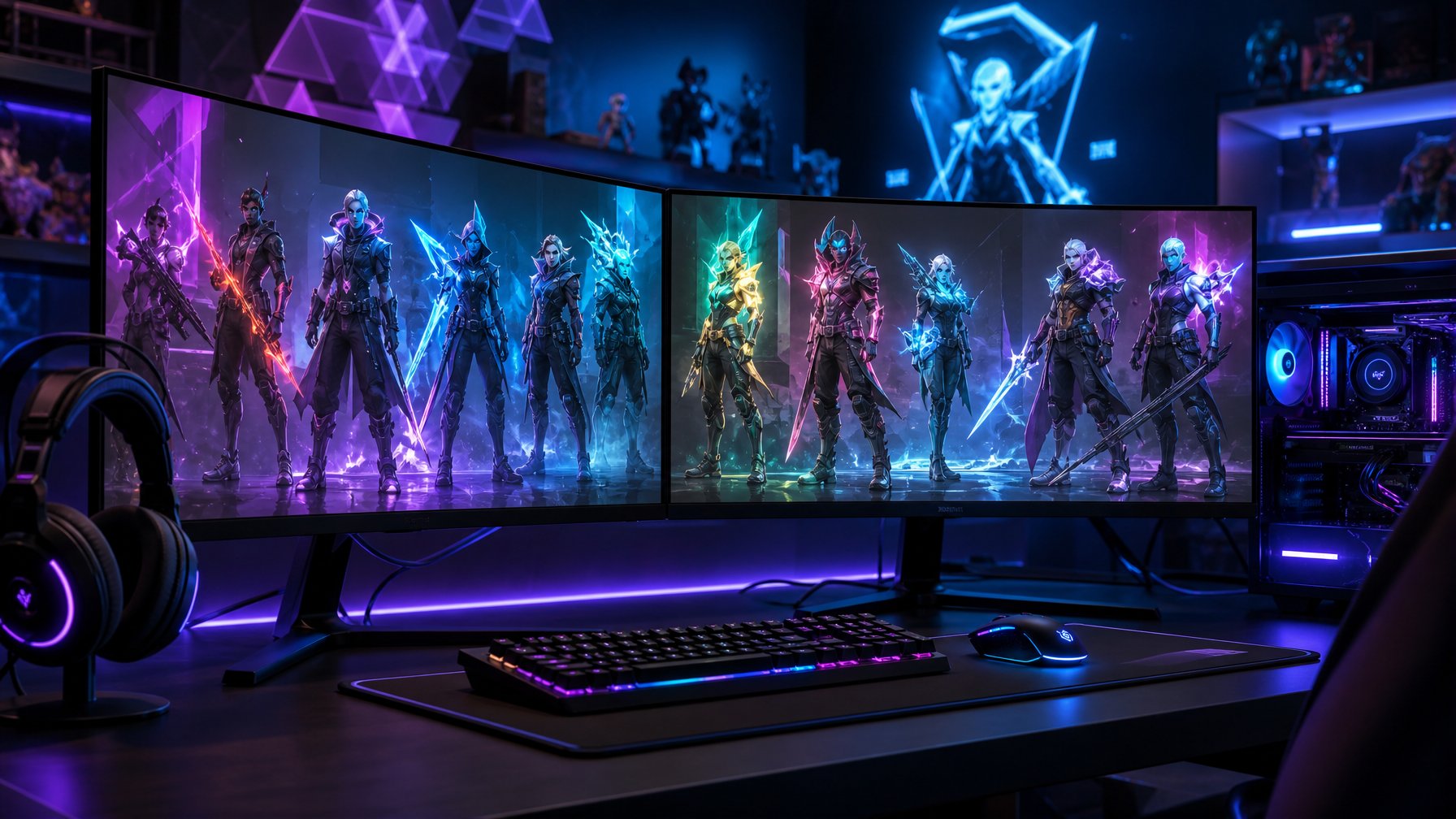 Sebuah setup gaming futuristik dengan monitor yang menampilkan karakter dan skin langka dari Valorant 2026, dikelilingi oleh lampu LED berwarna biru, ungu, dan merah muda neon.