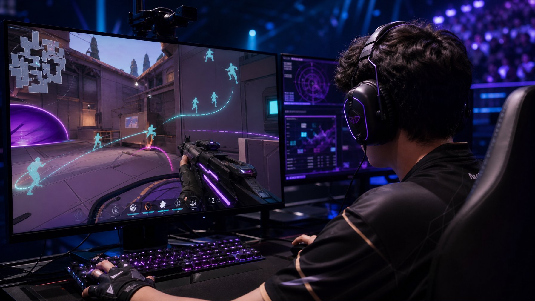 Seorang pemain esports profesional sedang melakukan trik bunny hop dan gerakan lincah dalam permainan Valorant di arena gaming futuristik.