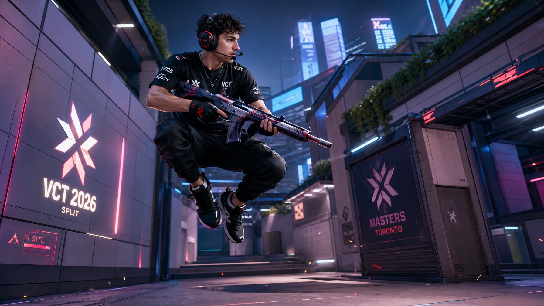 Seorang pemain esports sedang melakukan gerakan bunny hop di lingkungan permainan Valorant yang futuristik.