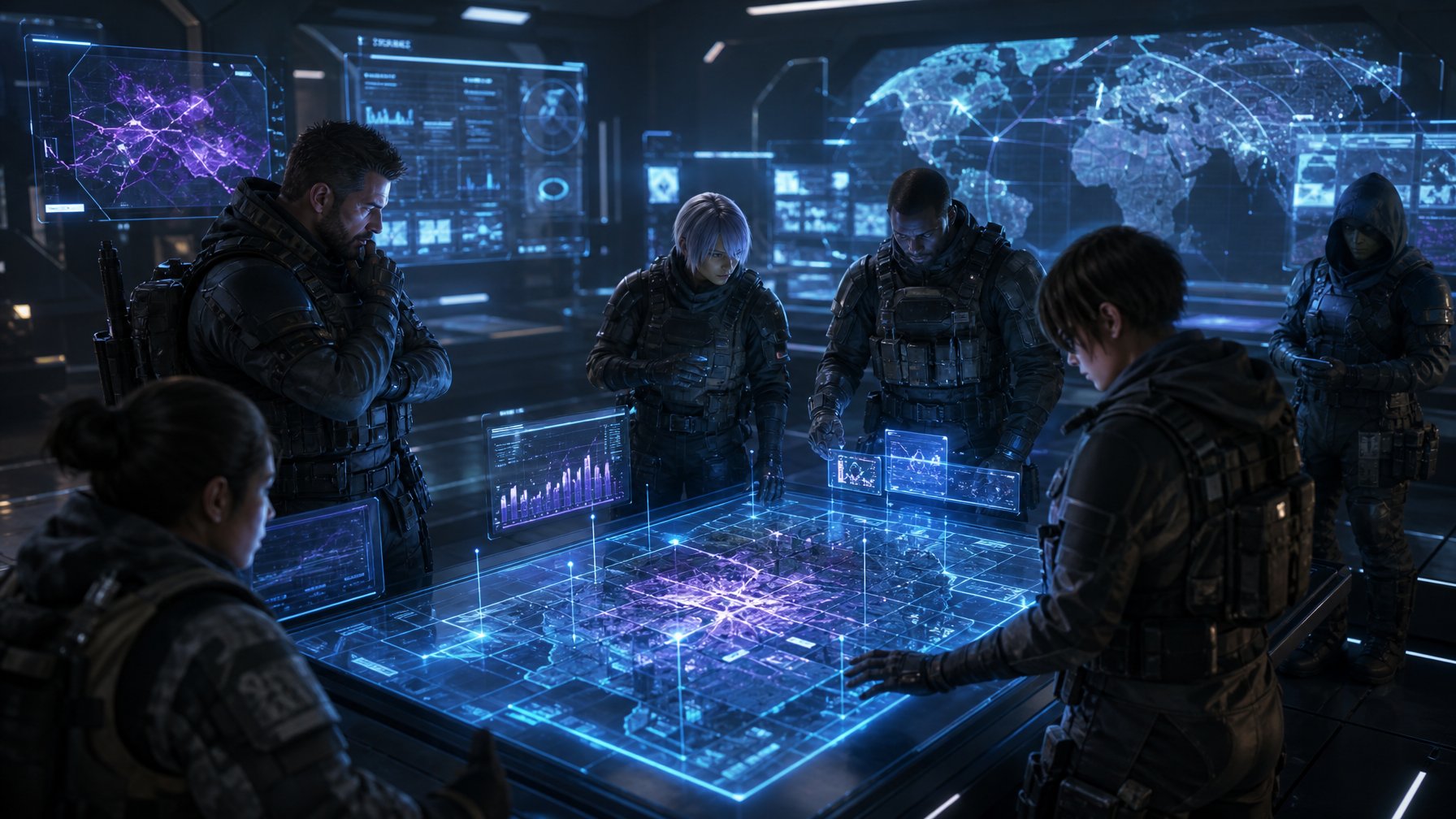Tim operator taktis sedang berkumpul di pusat operasi futuristik dengan layar holografik dan peta digital, merencanakan strategi misi.