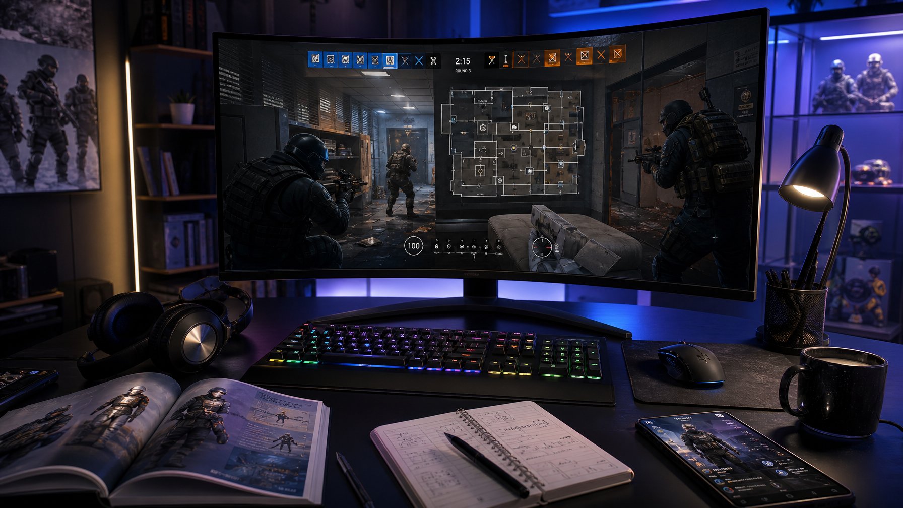 Seorang gamer sedang bermain Rainbow Six Siege dengan setup gaming modern di meja yang dilengkapi monitor besar, keyboard, mouse, dan headset, di ruangan dengan pencahayaan ambient biru dan ungu.