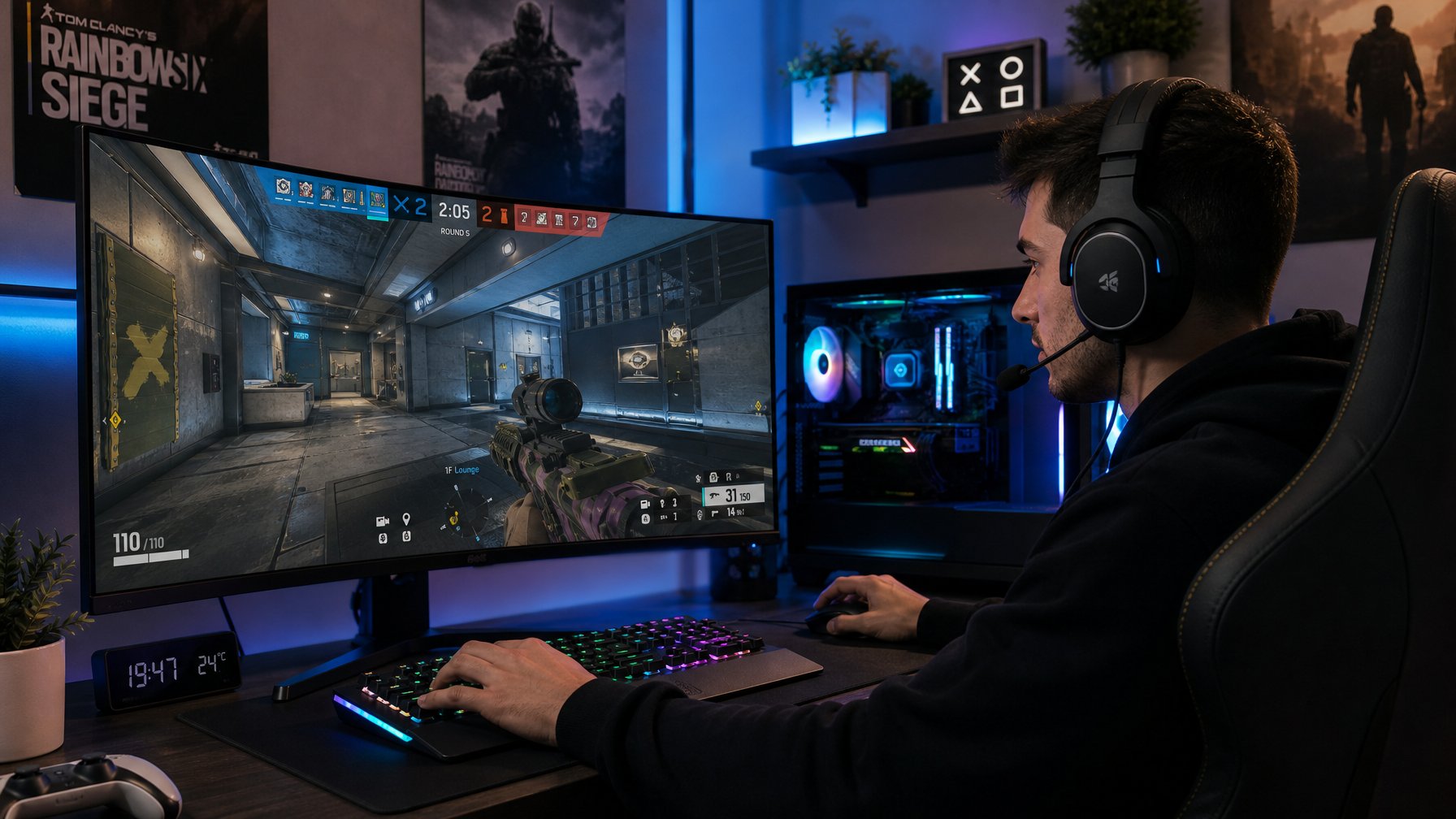 Seorang pemain muda fokus bermain video game taktis di ruang permainan dengan komputer dan monitor besar.