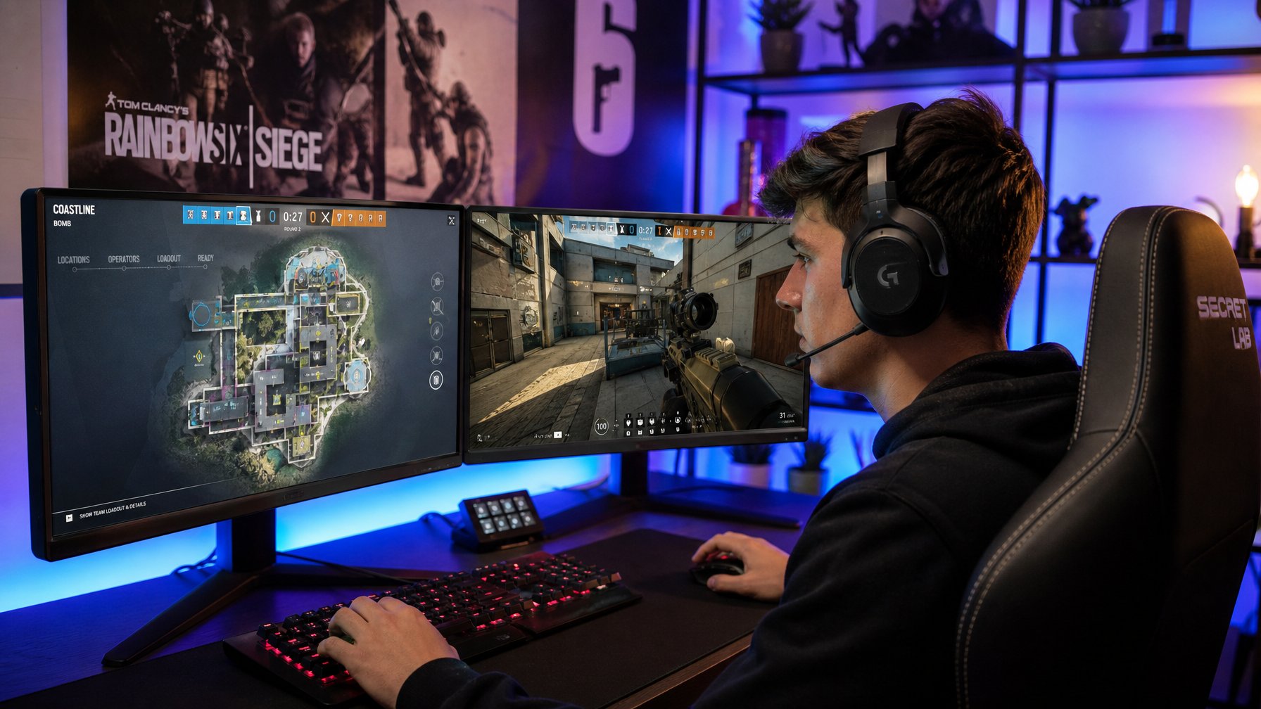 Seorang pemain muda fokus bermain Rainbow Six Siege di ruang game dengan monitor ganda dan perlengkapan gaming lengkap.