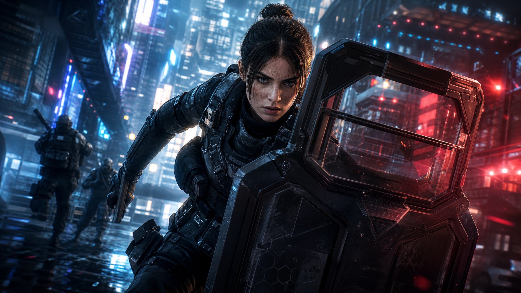 Seorang operator wanita dengan perlengkapan taktis maju di lingkungan perkotaan futuristik saat pertempuran video game.