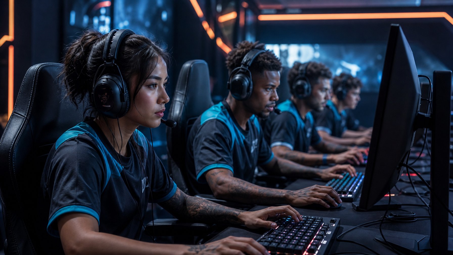 Sekelompok pemain esports sedang fokus bermain game kompetitif di arena gaming modern dengan peralatan lengkap.