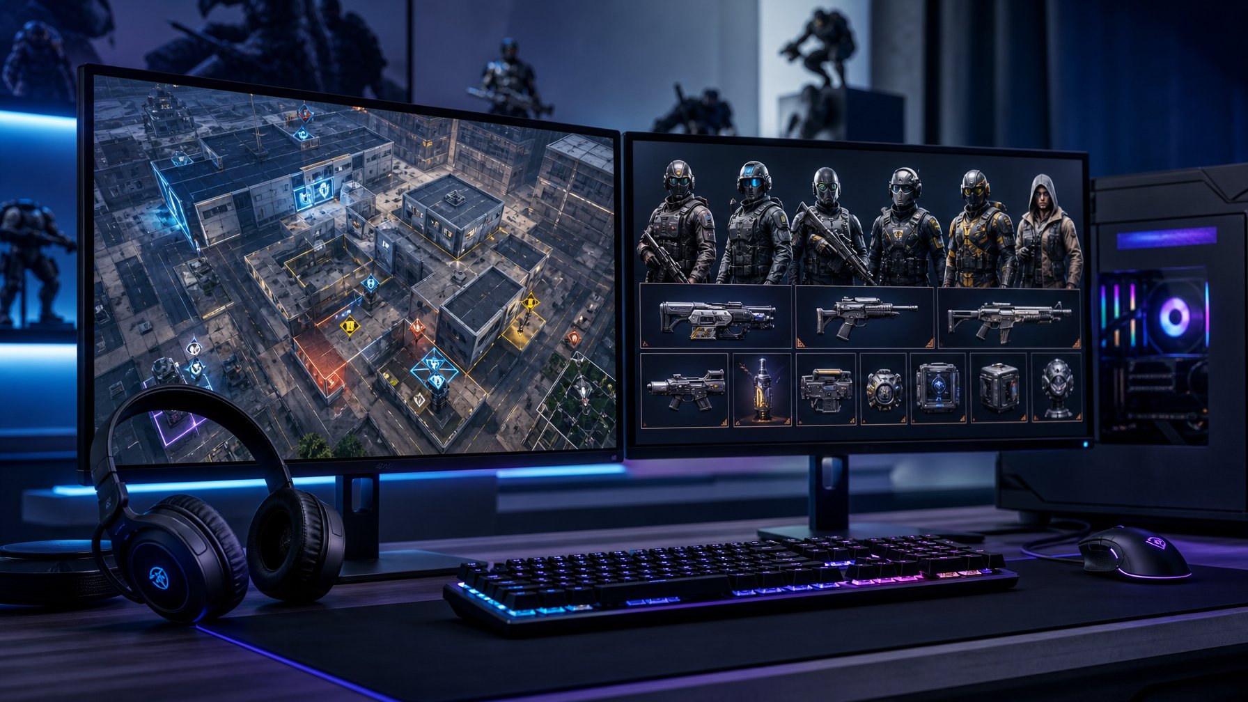 Sebuah setup gaming modern dengan dua monitor yang menampilkan peta baru dan karakter baru dari permainan tembak-menembak taktis.