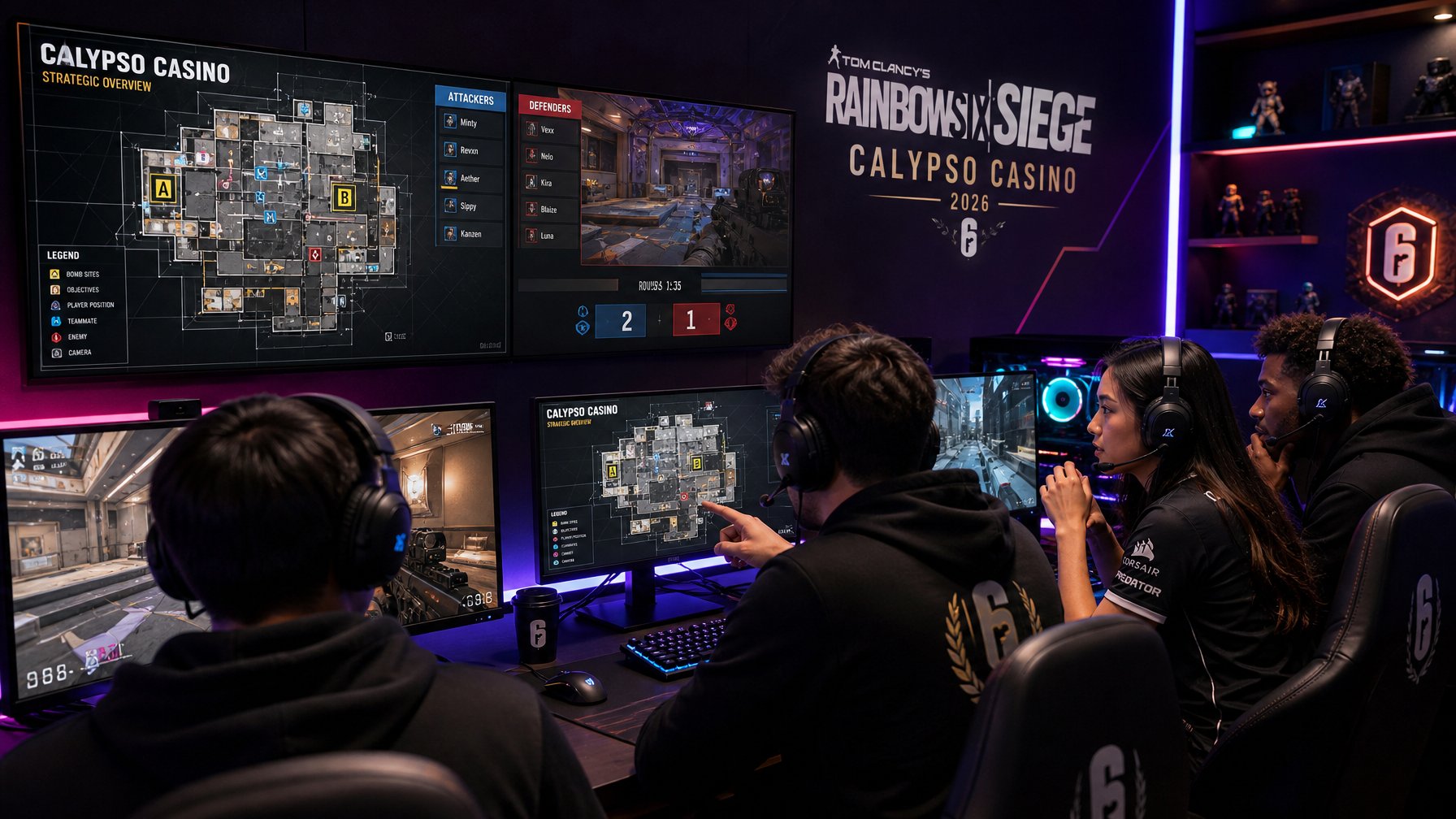 Sekelompok gamer fokus bermain dan menganalisis strategi di ruangan gaming modern dengan layar besar yang menampilkan peta dan gameplay Calypso Casino dari Rainbow Six Siege.