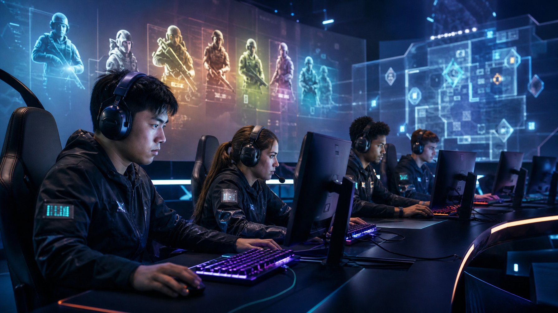 Kelompok pemain esports sedang fokus bermain game kompetitif di arena gaming modern dengan layar digital dan peralatan canggih.