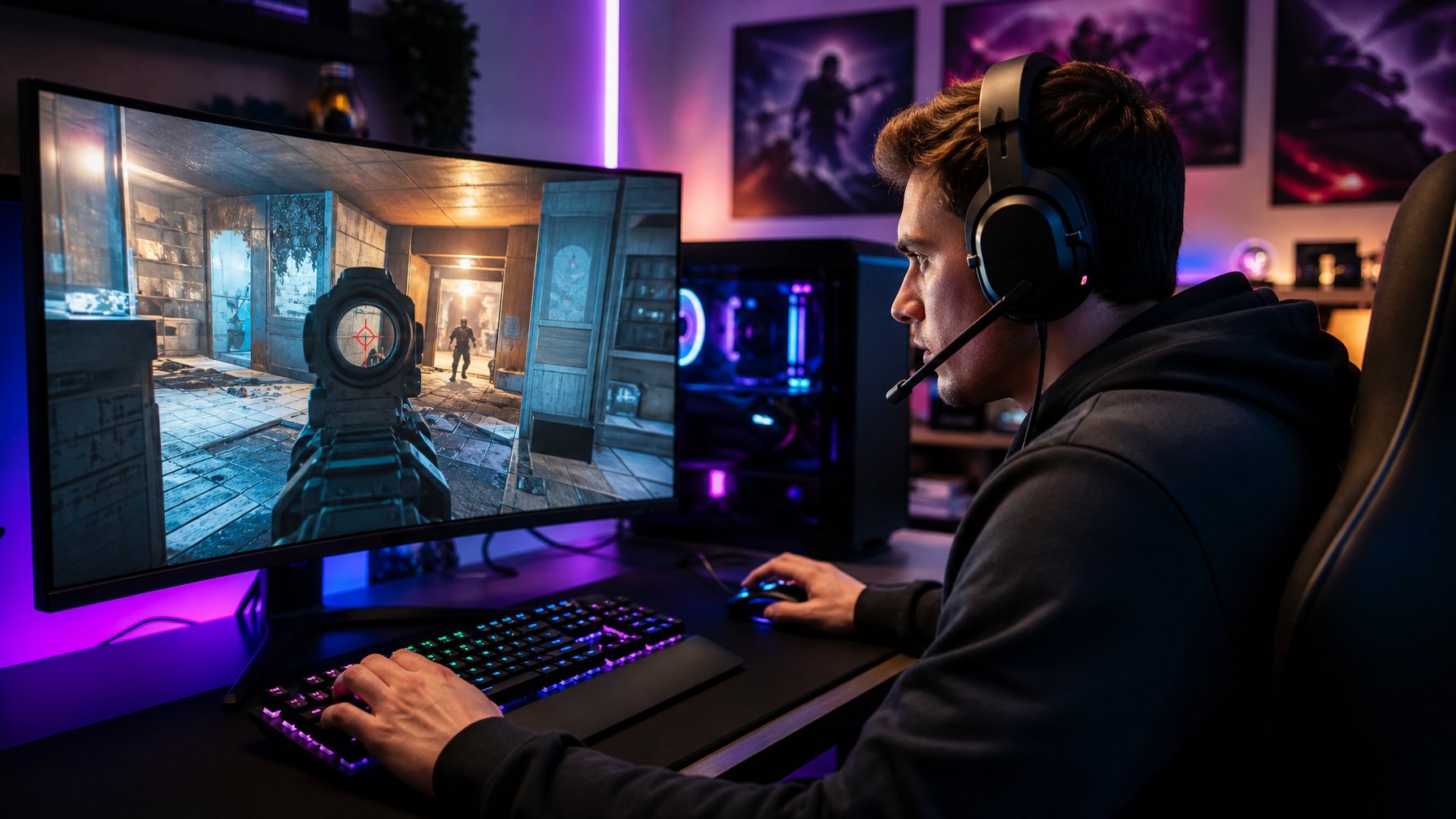 Seorang pemain game fokus menggunakan komputer dengan layar besar dan peralatan gaming di ruangan modern.