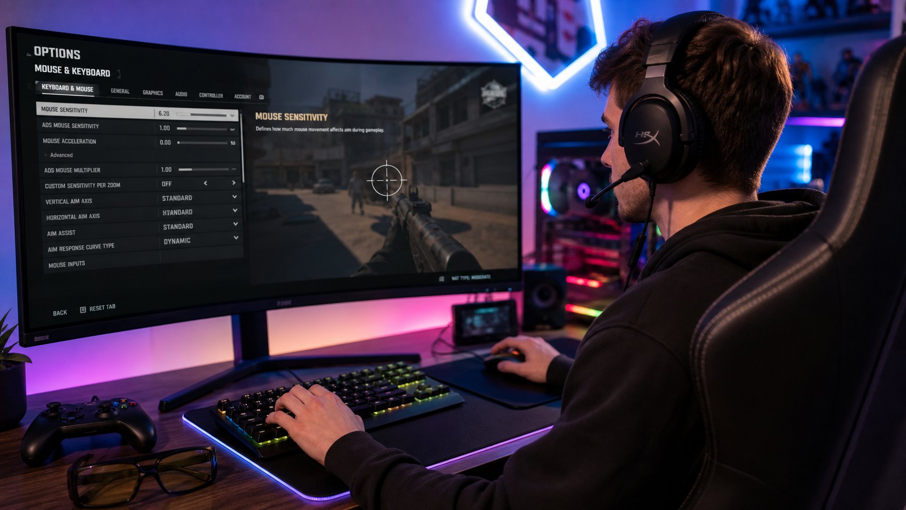 Seorang pemain game sedang mengatur sensitivitas pada mouse di depan layar komputer dengan permainan tembak-menembak, di ruang gaming dengan pencahayaan lembut.