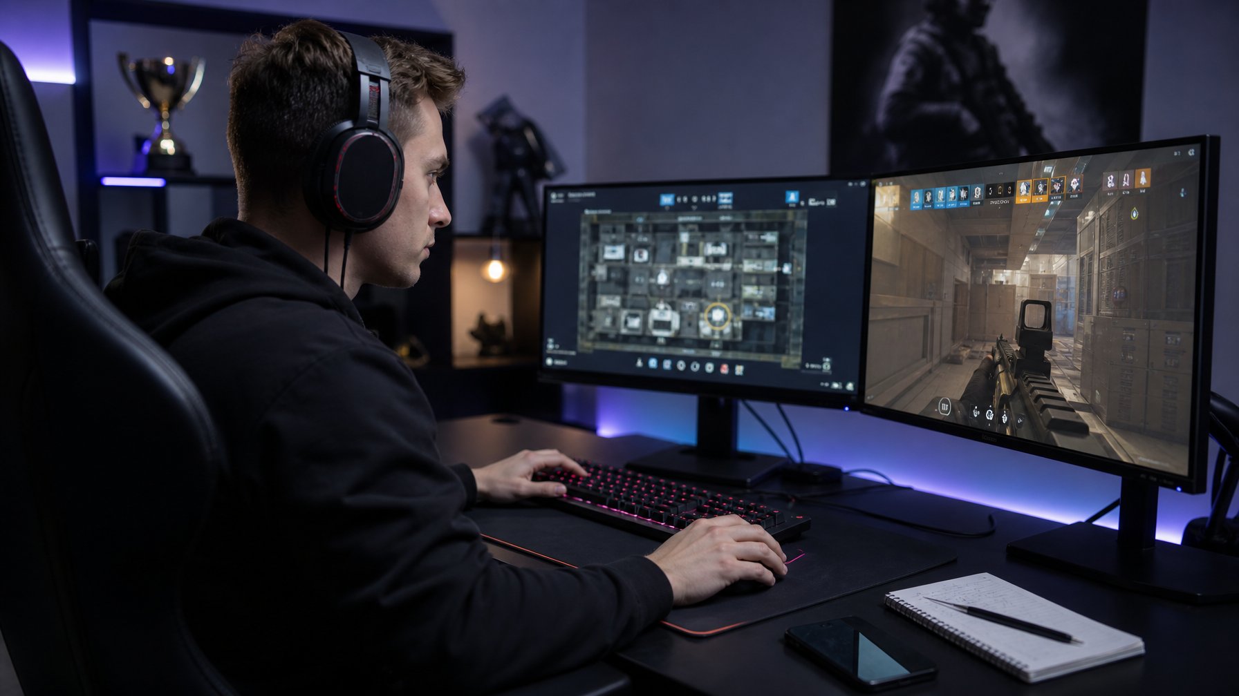 Seorang pemain game muda duduk sendirian di depan komputer dengan dua monitor, mengenakan headset gaming, fokus bermain permainan tembak-menembak taktis.